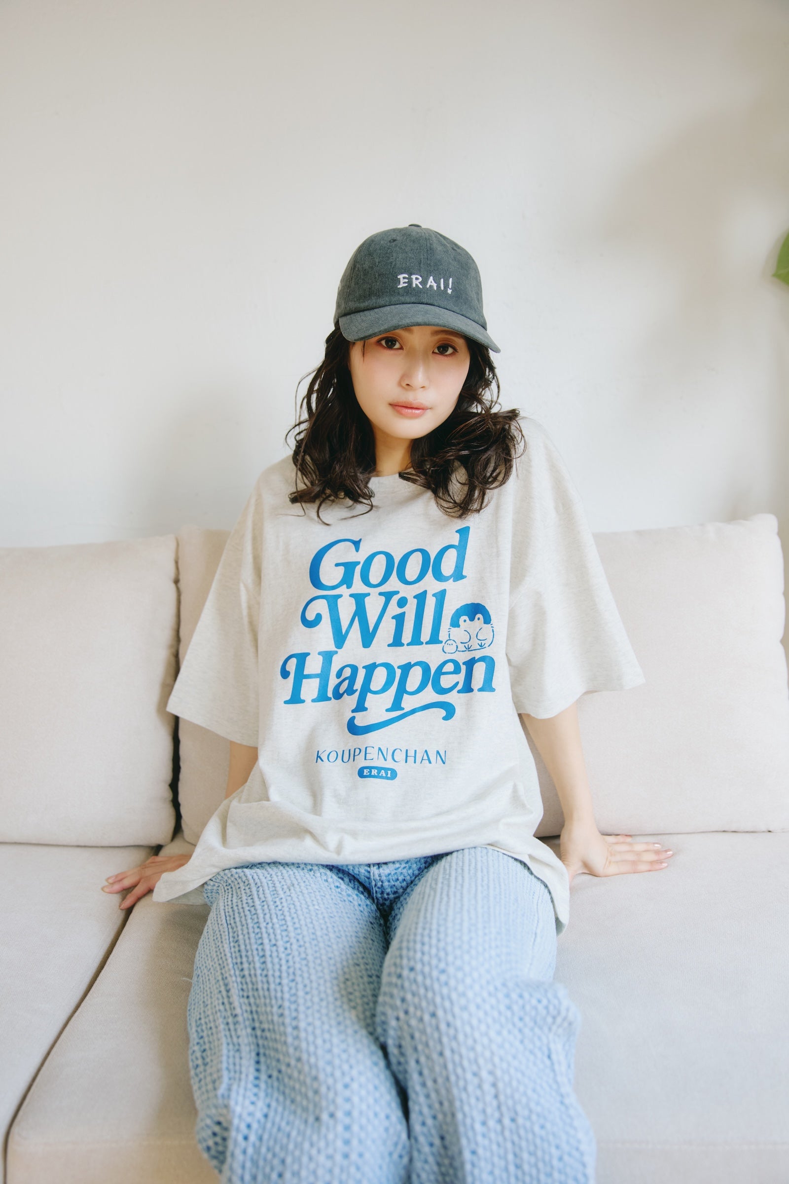 【2BUY10%OFF対象商品】コウペンちゃん ビッグシルエットTシャツ Good Will Happen シロ杢