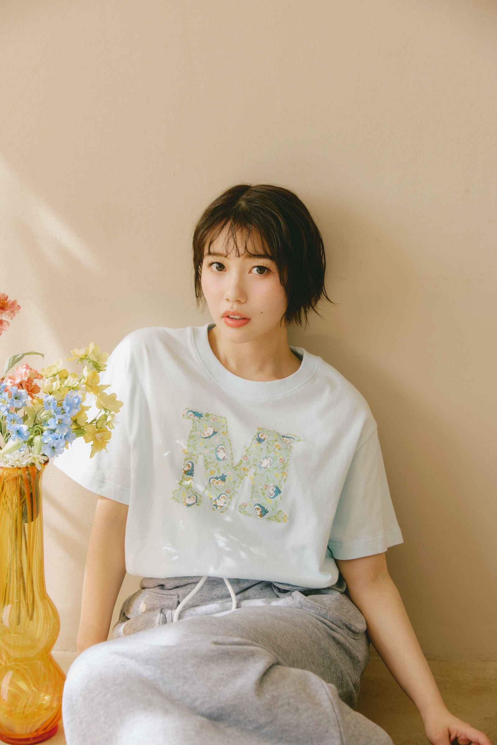 mofusand×日比谷花壇 Tシャツ ボタニカル ペールブルー
