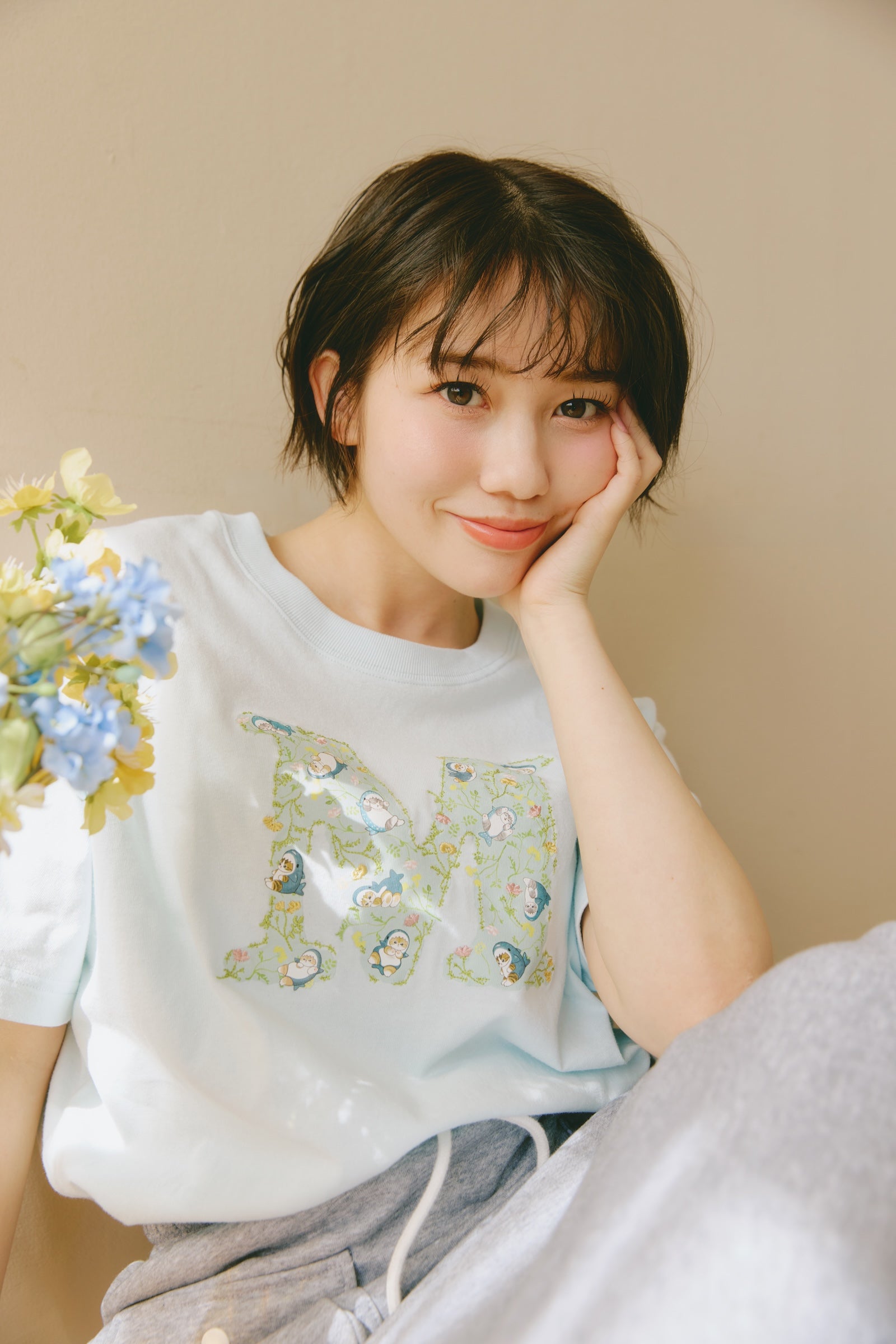 mofusand×日比谷花壇 Tシャツ ボタニカル ペールブルー
