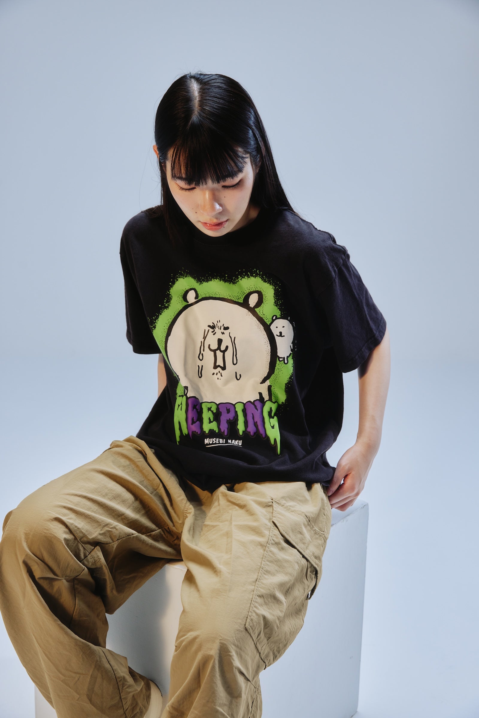 【先行販売】ナガノキャラクターズ 発泡プリントTシャツ 咽び泣く ブラック