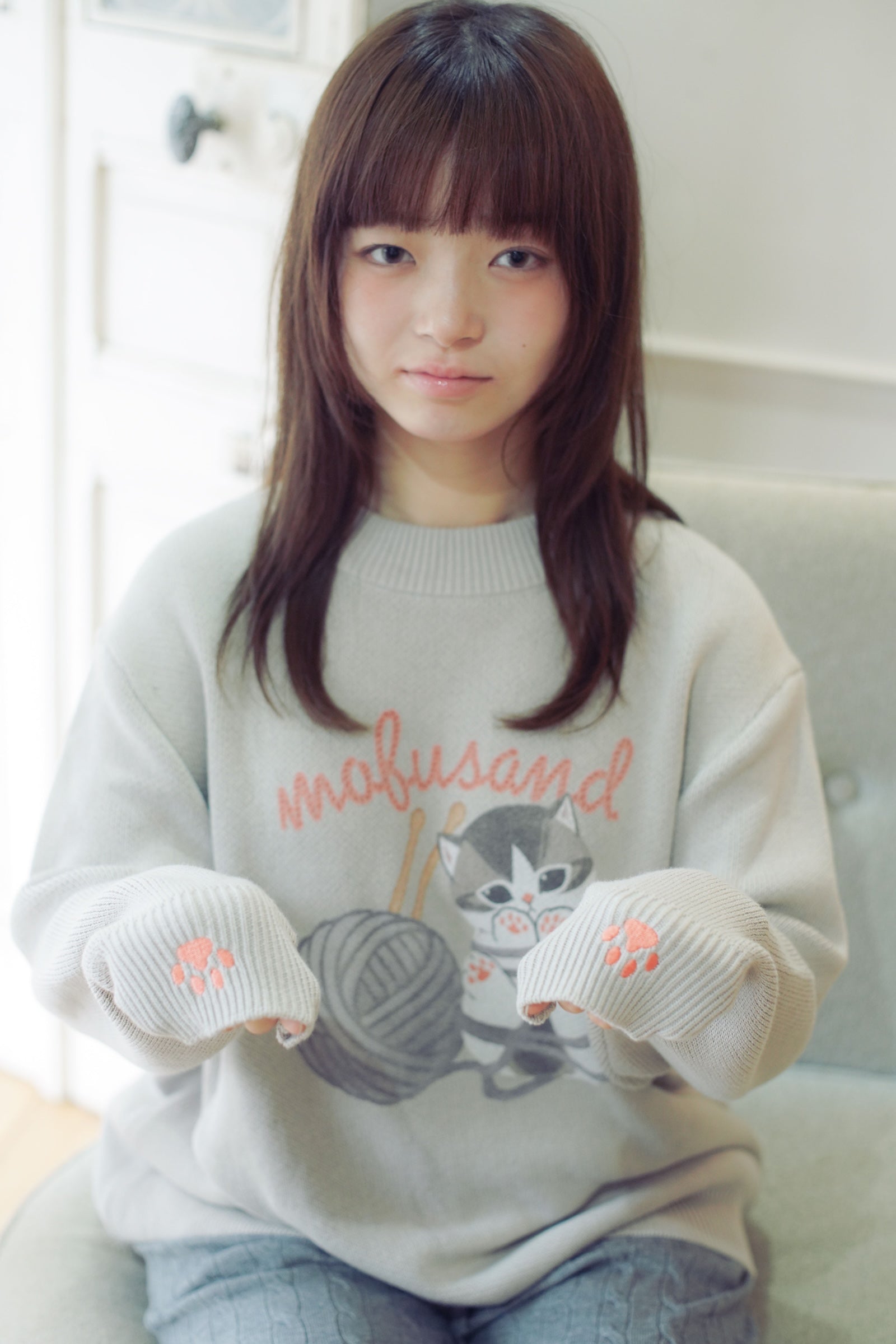 【2BUY10%OFF対象商品】mofusand セーター 毛糸玉 ぐるぐるにゃん グレー