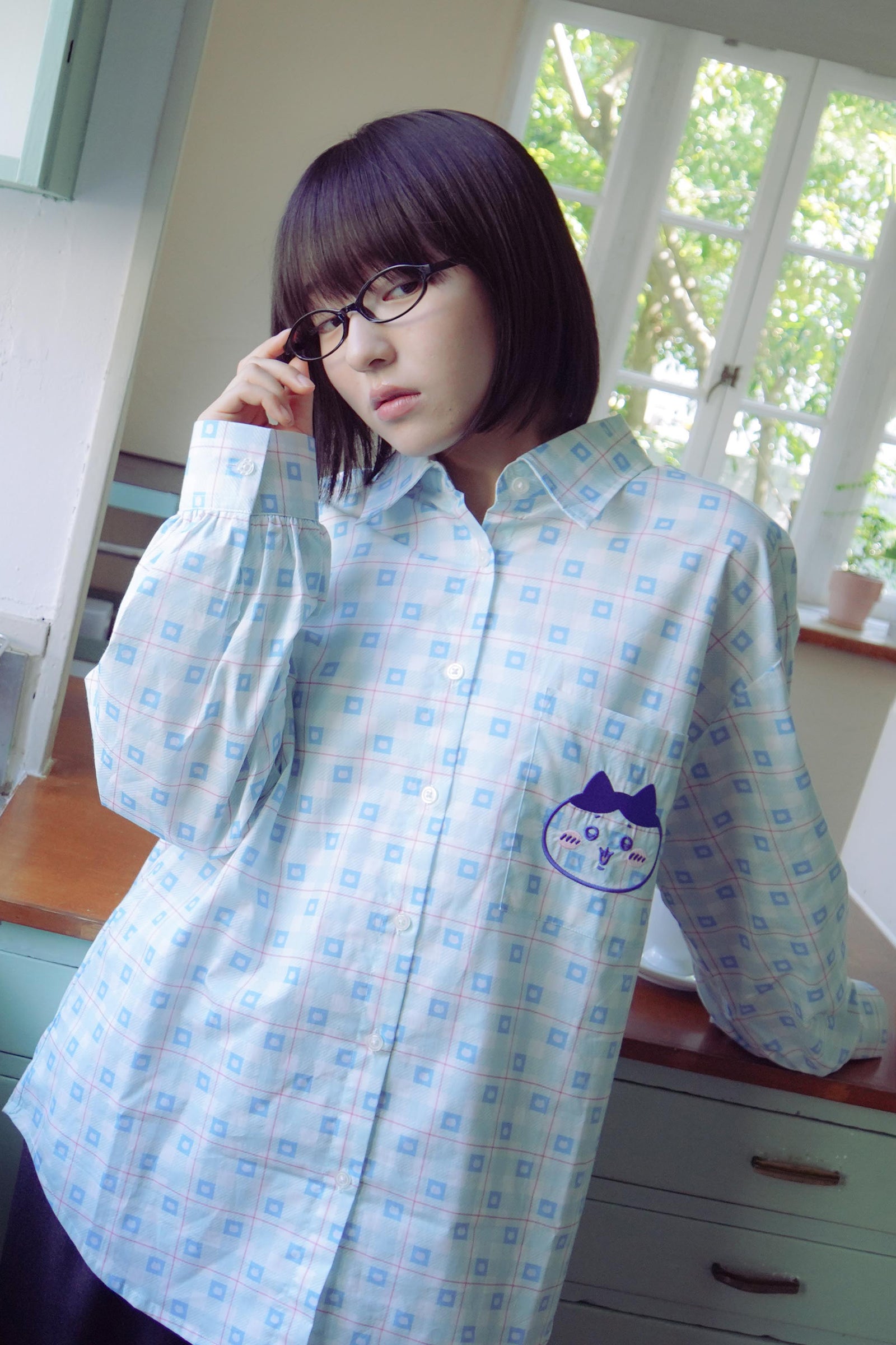 ちいかわ チェックシリーズ シャツ ハチワレ ブルー