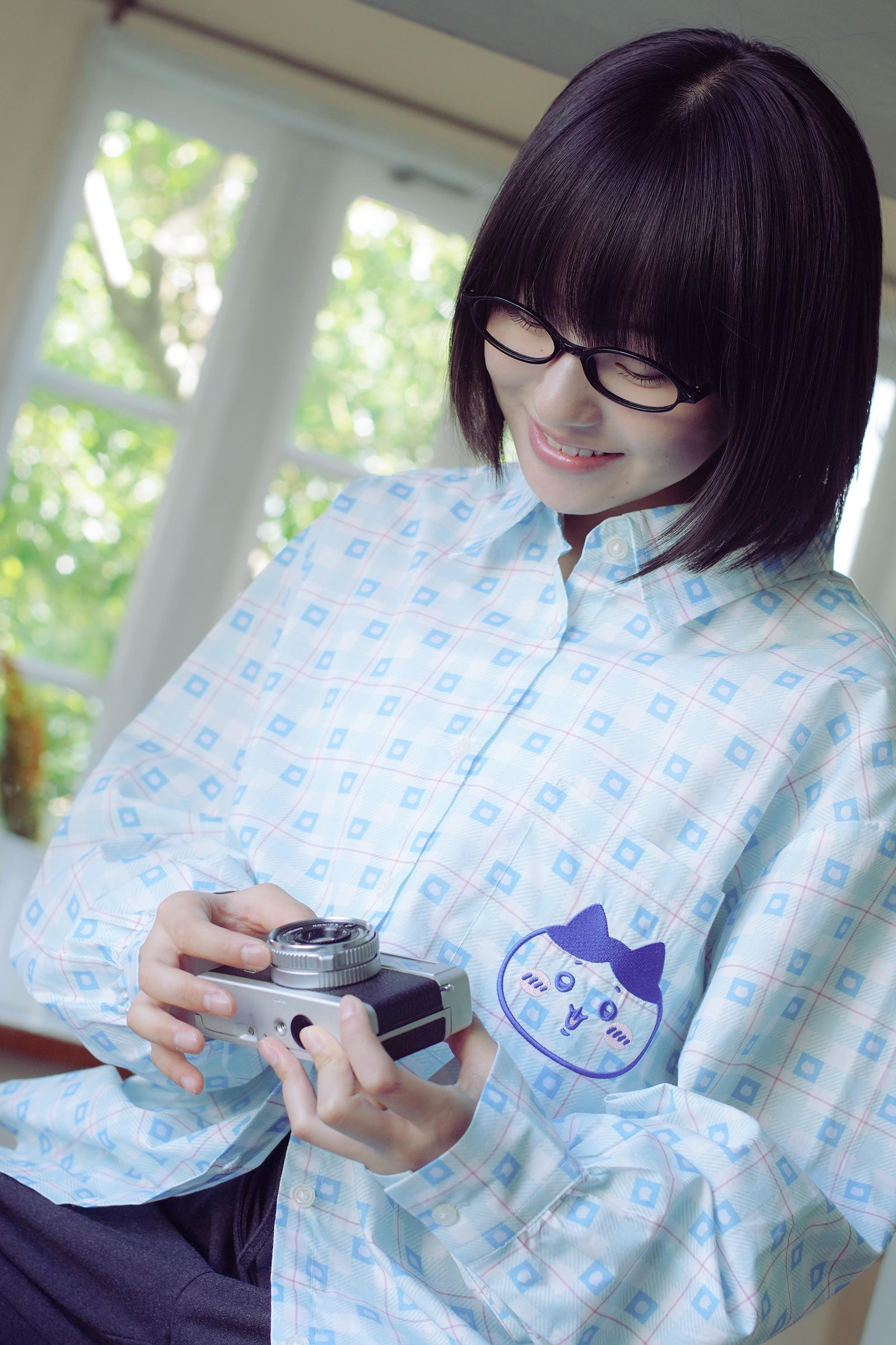 ちいかわ チェックシリーズ シャツ ハチワレ ブルー