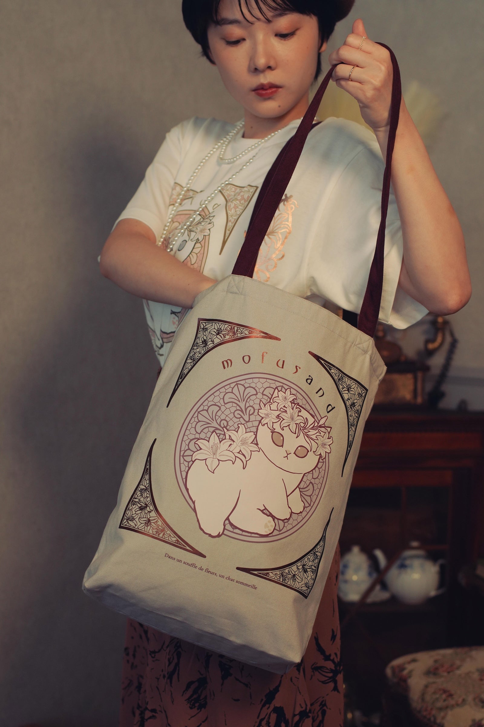 【2BUY10%OFF対象商品】mofusand トートバッグ アールヌーヴォー風 リリー ダスティピンク