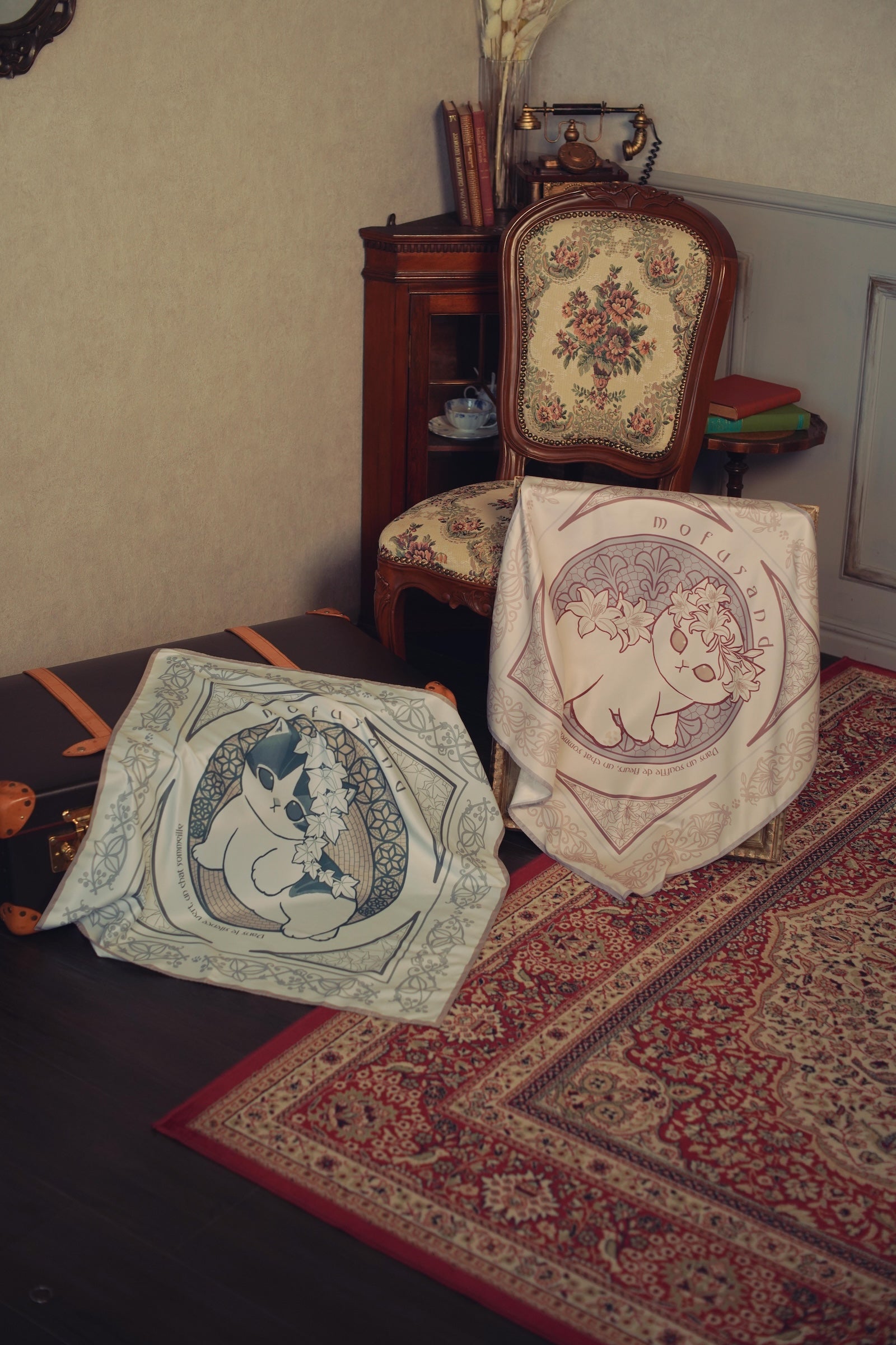 【2BUY10%OFF対象商品】mofusand スカーフ アールヌーヴォー風 アイビー ブルーグレー