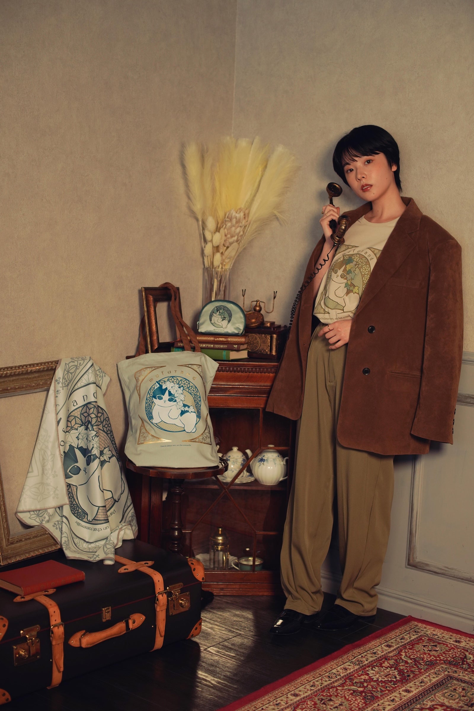 【2BUY10%OFF対象商品】mofusand スカーフ アールヌーヴォー風 アイビー ブルーグレー