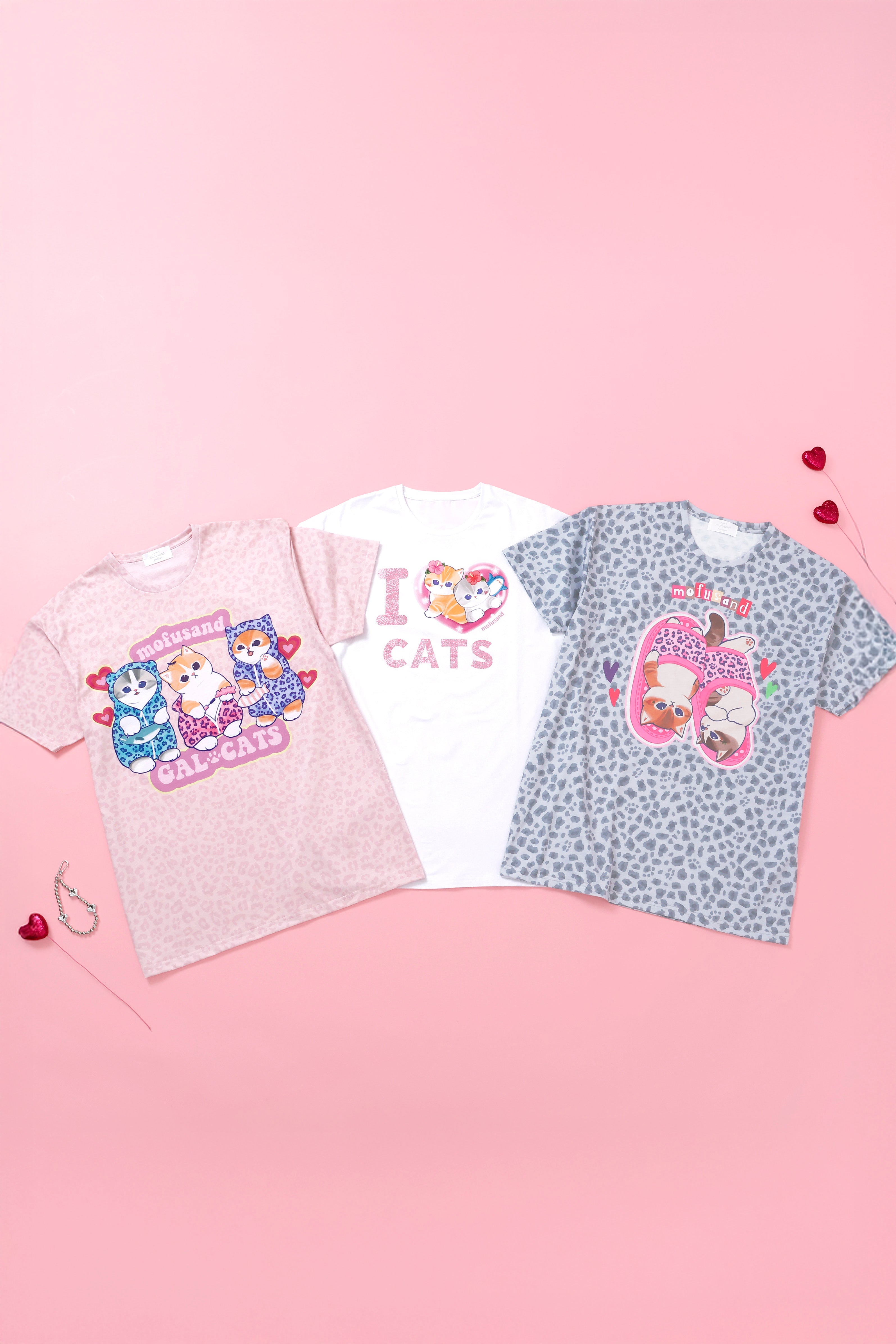 【2BUY10%OFF対象商品】mofusand Tシャツ ぎゃるにゃん IOVE CATS ホワイト