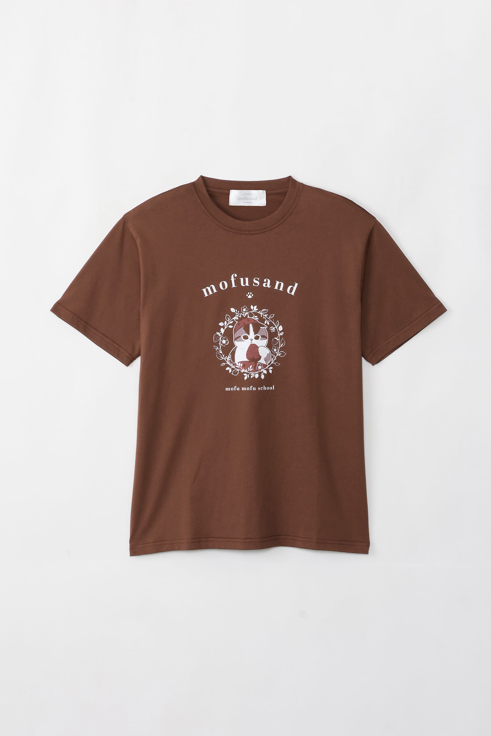 【2BUY10%OFF対象商品】mofusand Tシャツ カレッジ風いちごにゃん バーガンディー