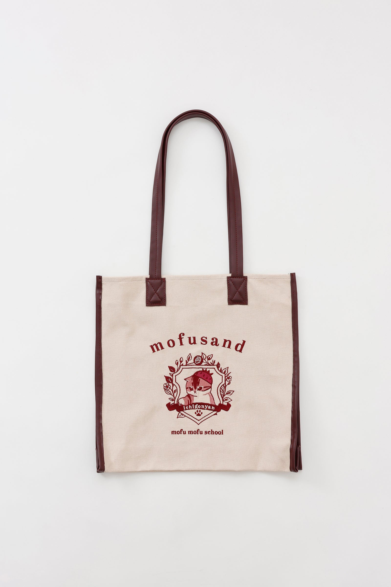 【2BUY10%OFF対象商品】mofusand トートバッグ カレッジ風いちごにゃん ローズブラウン