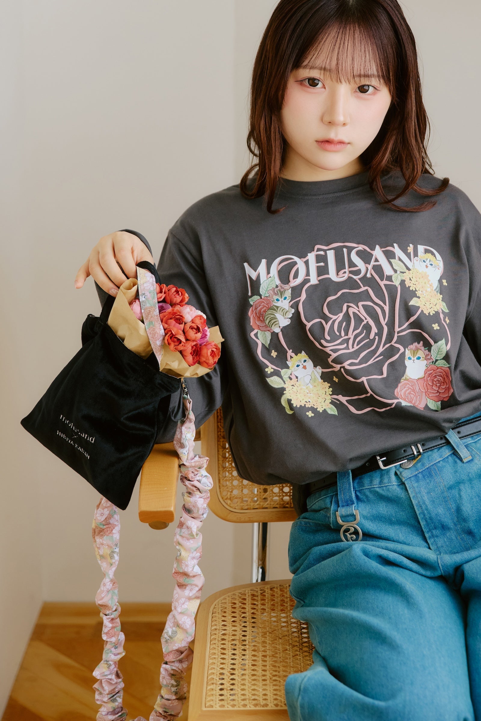 mofusand×日比谷花壇 くしゅくしゅストラップミニバッグ バラ柄 ピンク ONE