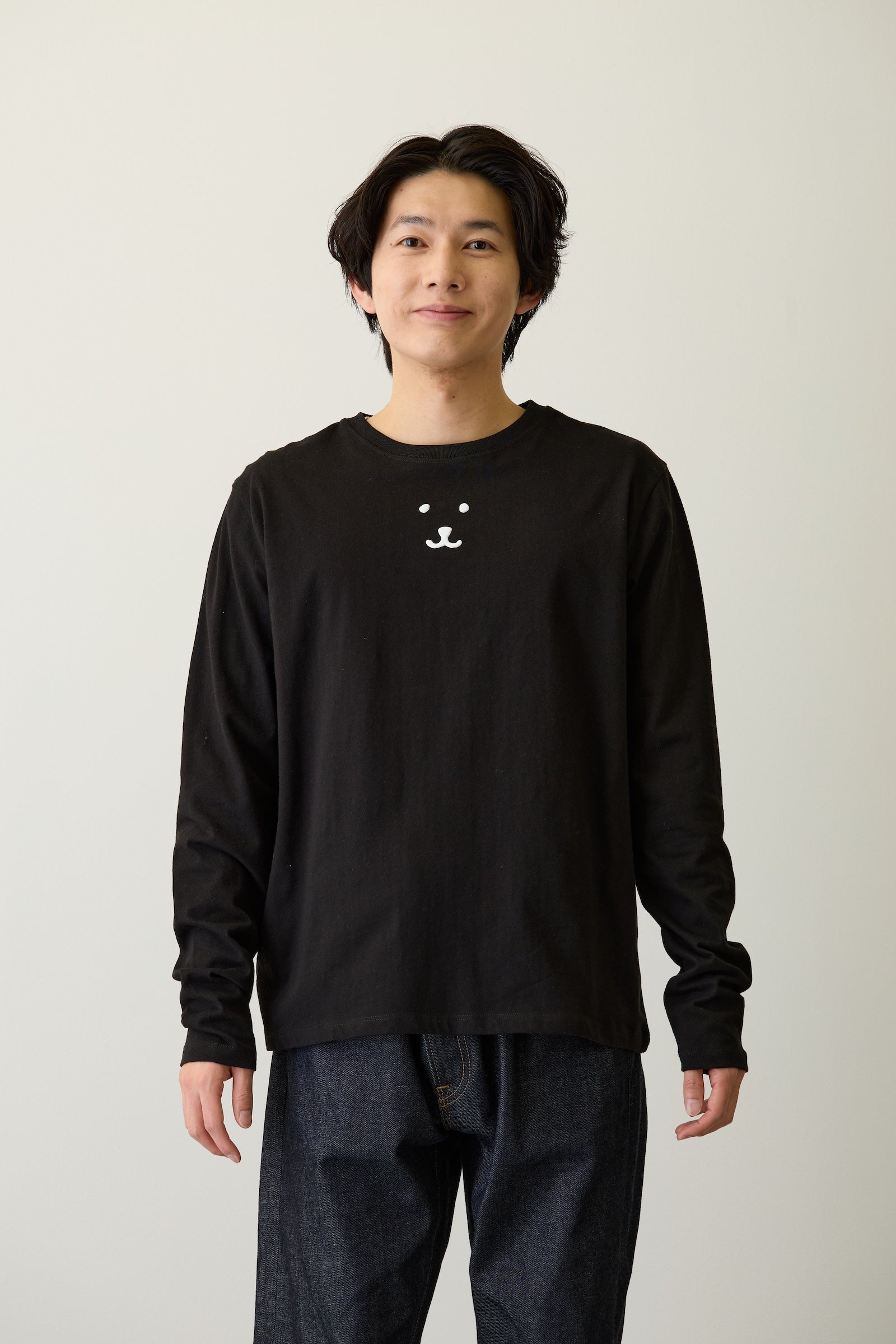 ナガノキャラクターズ 長袖Tシャツ モノクロなくま ブラック