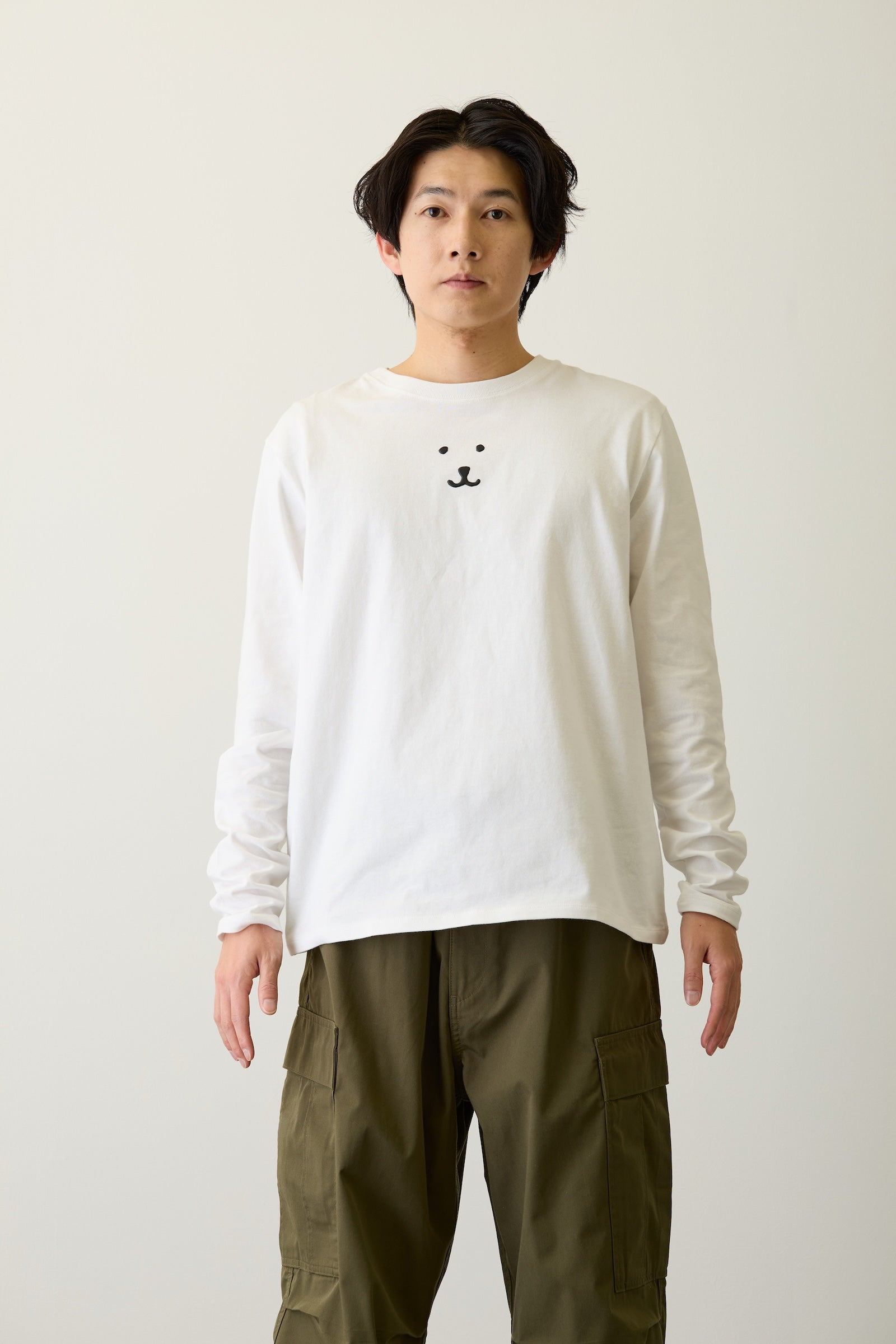 ナガノキャラクターズ 長袖Tシャツ モノクロなくま ホワイト