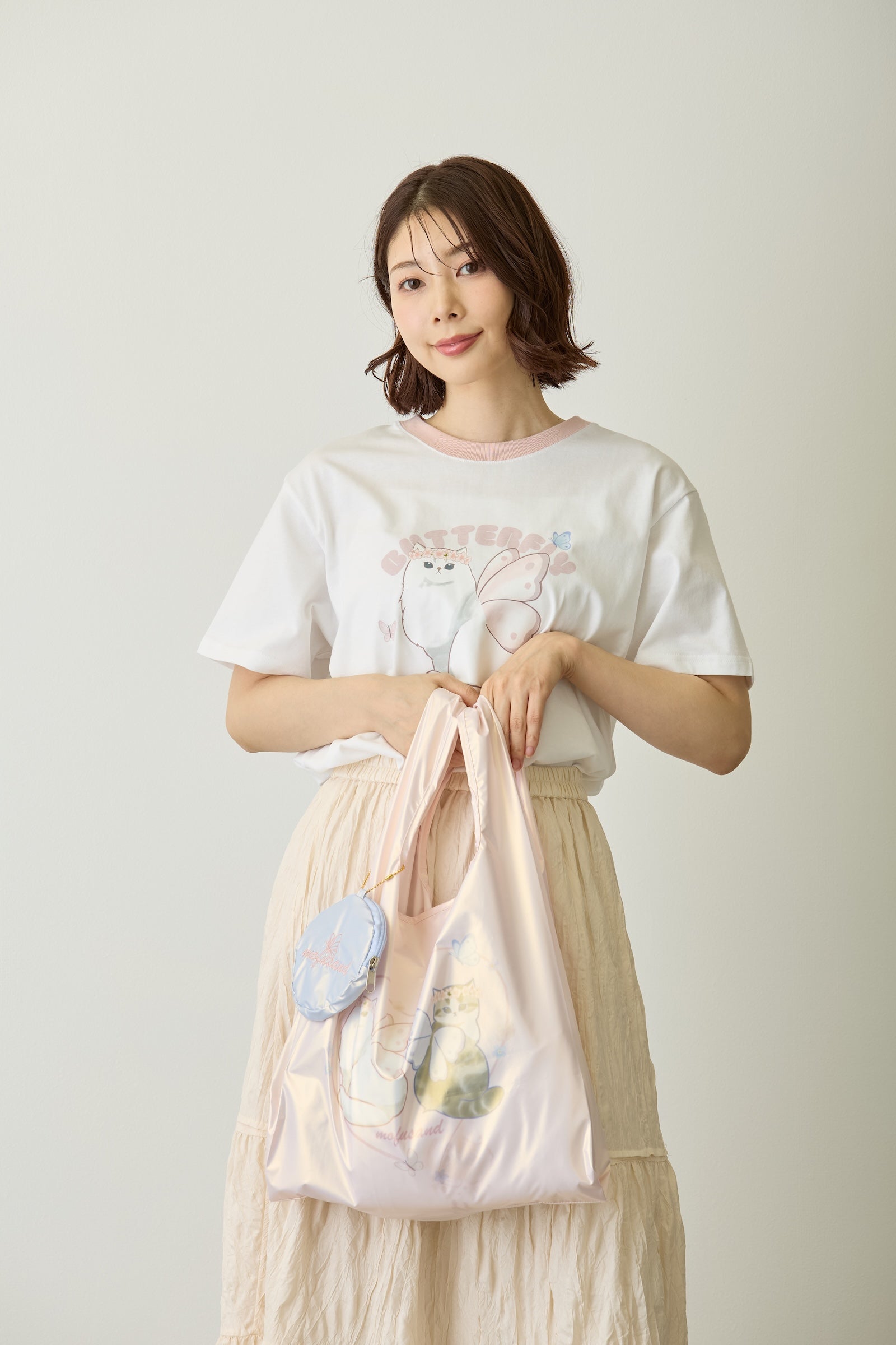 mofusand ポーチ付きオーロラバッグ ちょうちょにゃん なかよしはねにゃん ピンク