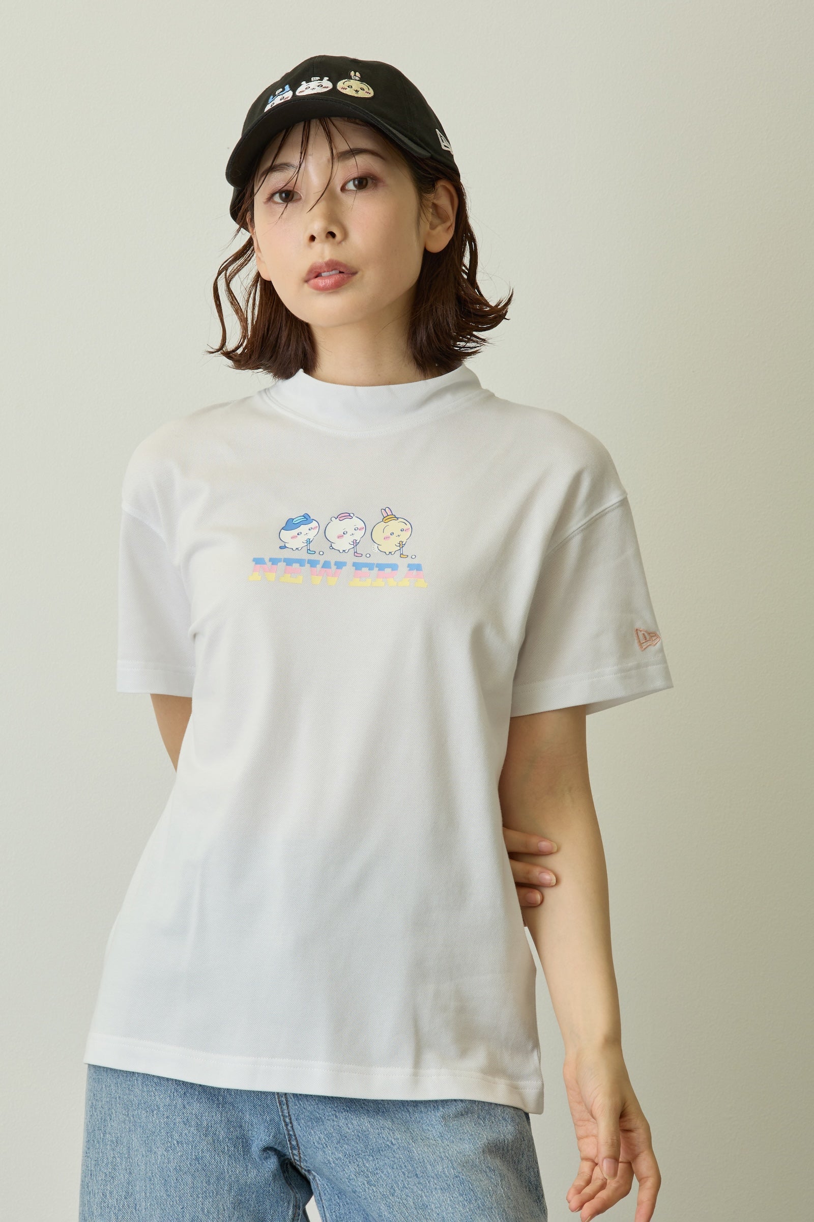 Women's 半袖 ミッドネック Tシャツ 鹿の子 ちいかわ / ちいかわ・ハチワレ・うさぎ ホワイト | ゴルフ