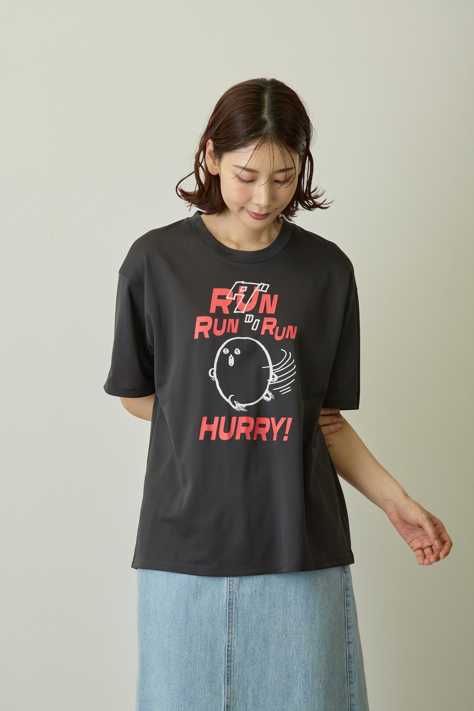 ナガノキャラクターズ ドライTシャツ RUN もぐらコロッケ チャコール