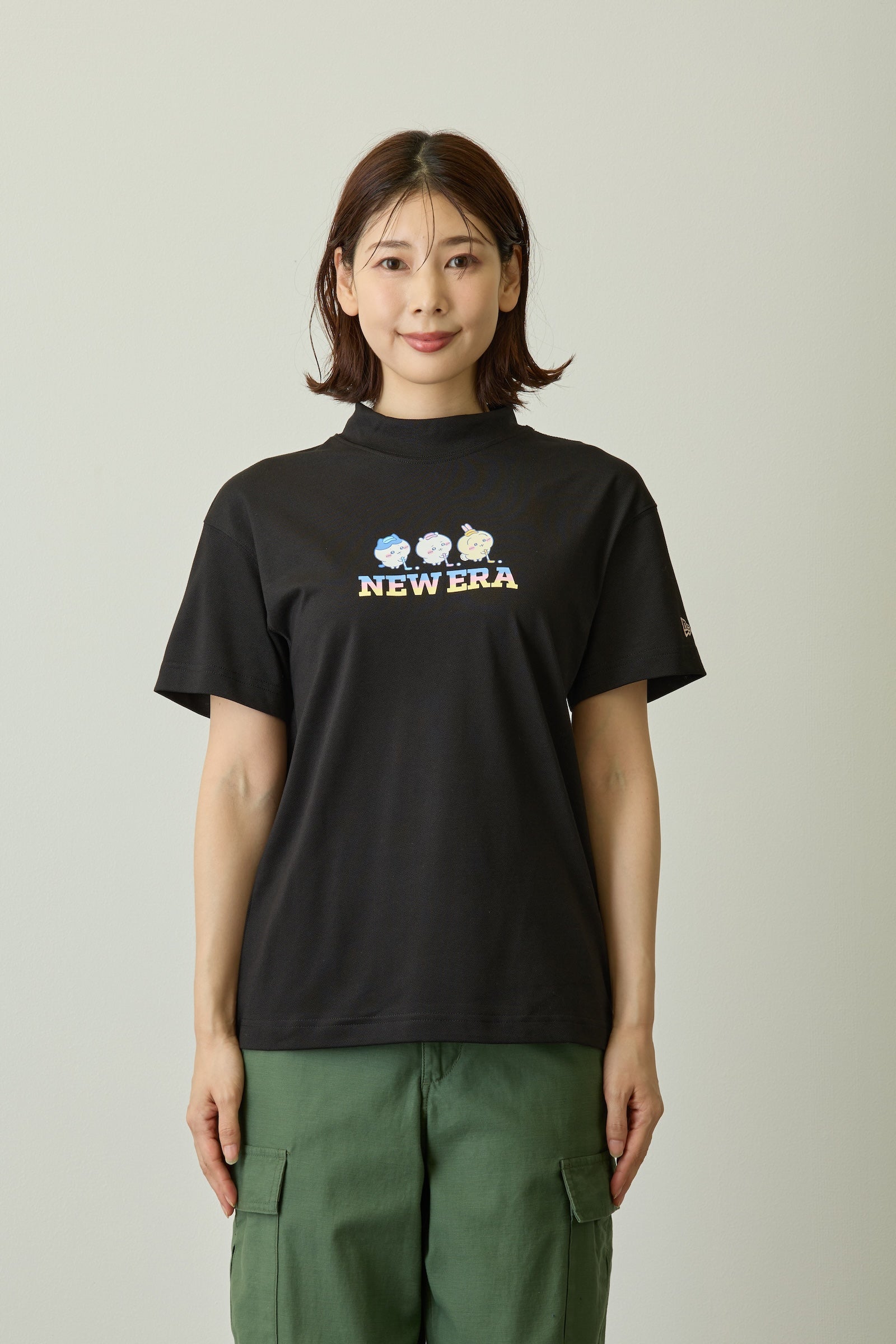 Women's 半袖 ミッドネック Tシャツ 鹿の子 ちいかわ / ちいかわ・ハチワレ・うさぎ ブラック/クロームホワイト | ゴルフ