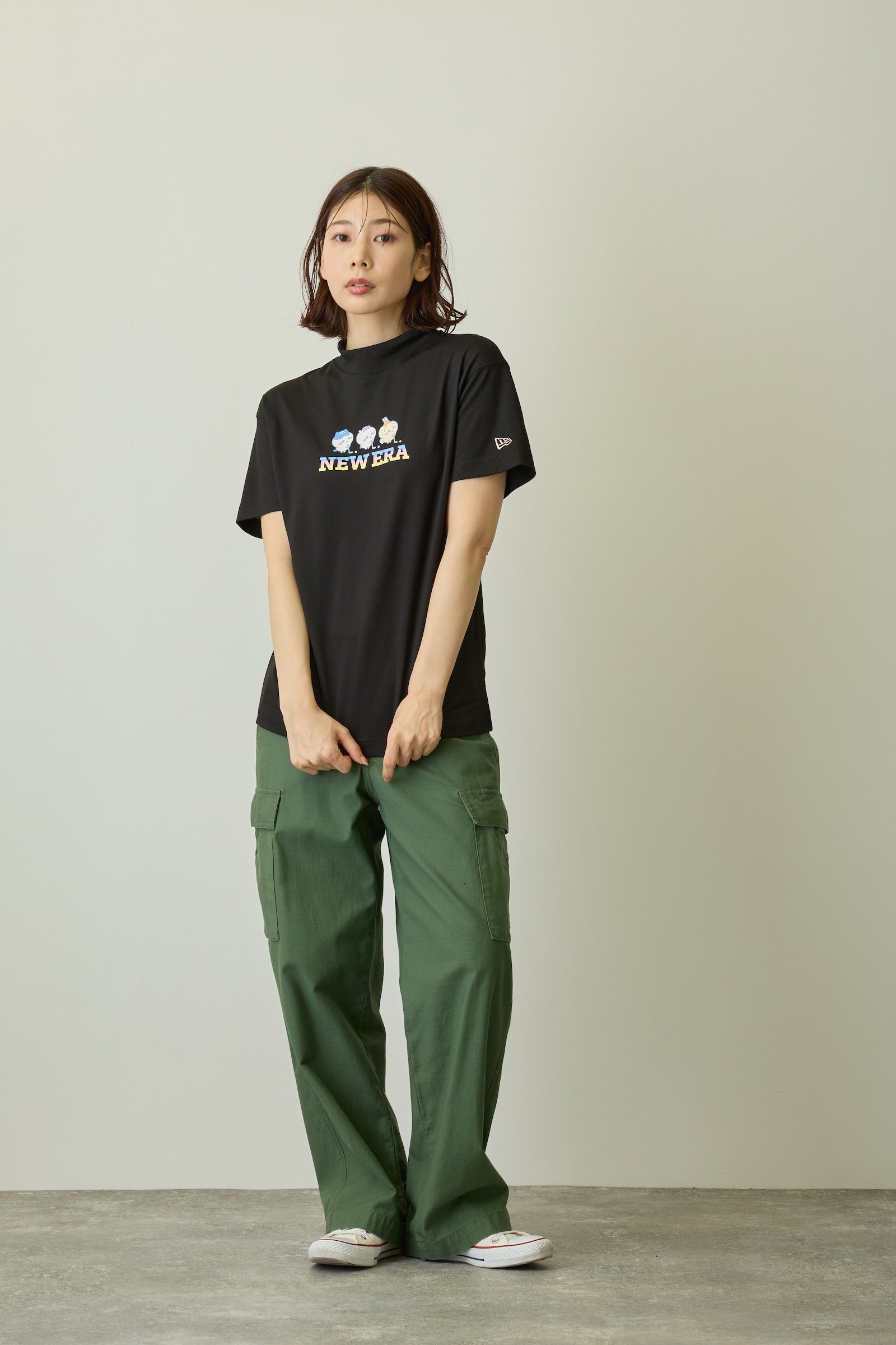 Women's 半袖 ミッドネック Tシャツ 鹿の子 ちいかわ / ちいかわ・ハチワレ・うさぎ ブラック/クロームホワイト | ゴルフ