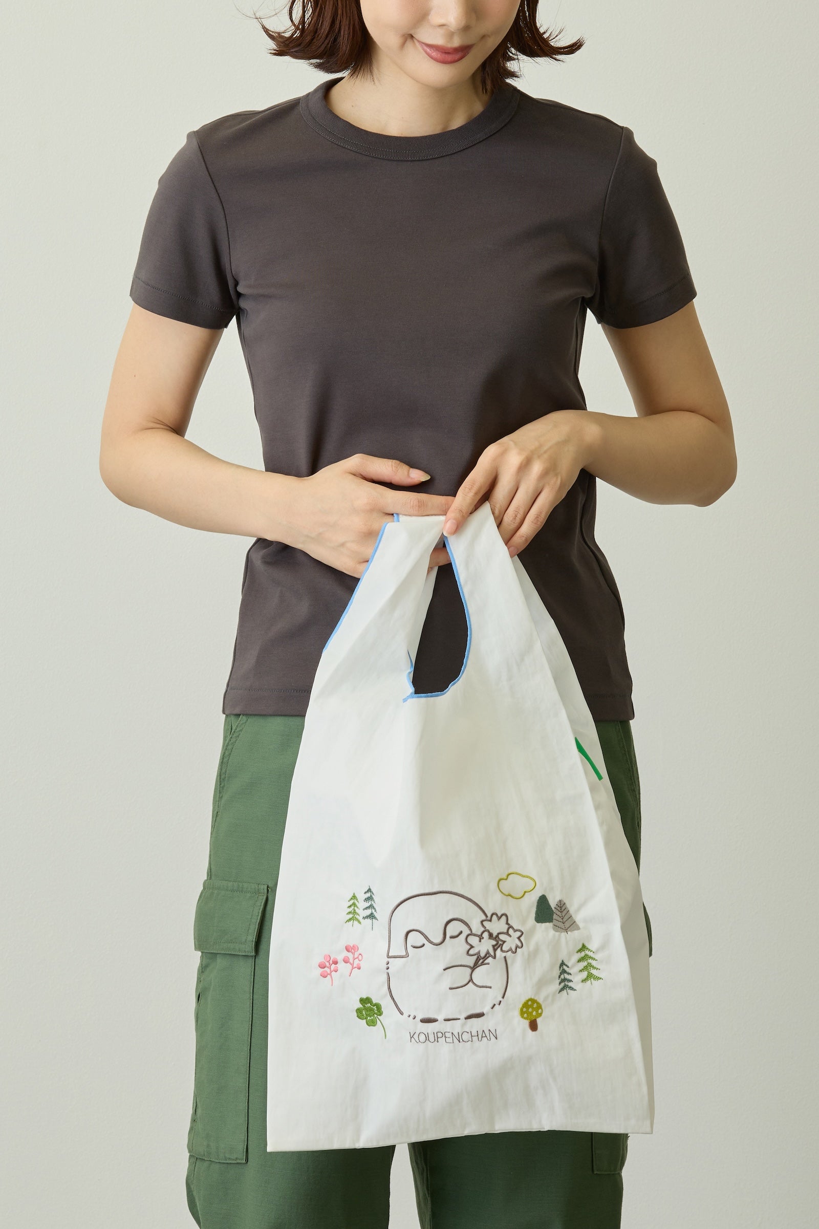 コウペンちゃん 刺繍エコバック クローバー ホワイト
