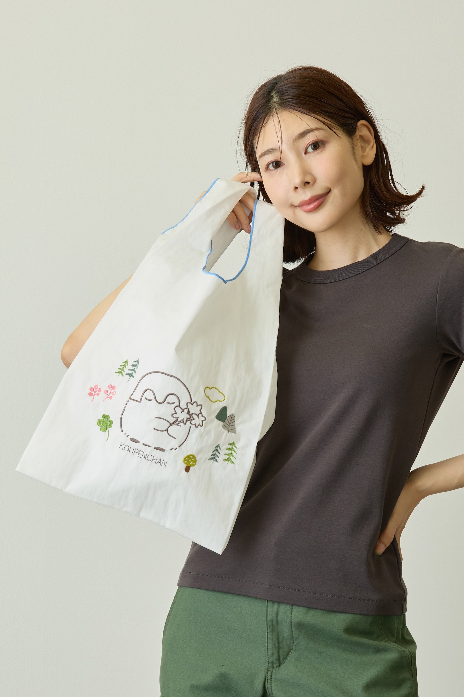 コウペンちゃん 刺繍エコバック クローバー ホワイト