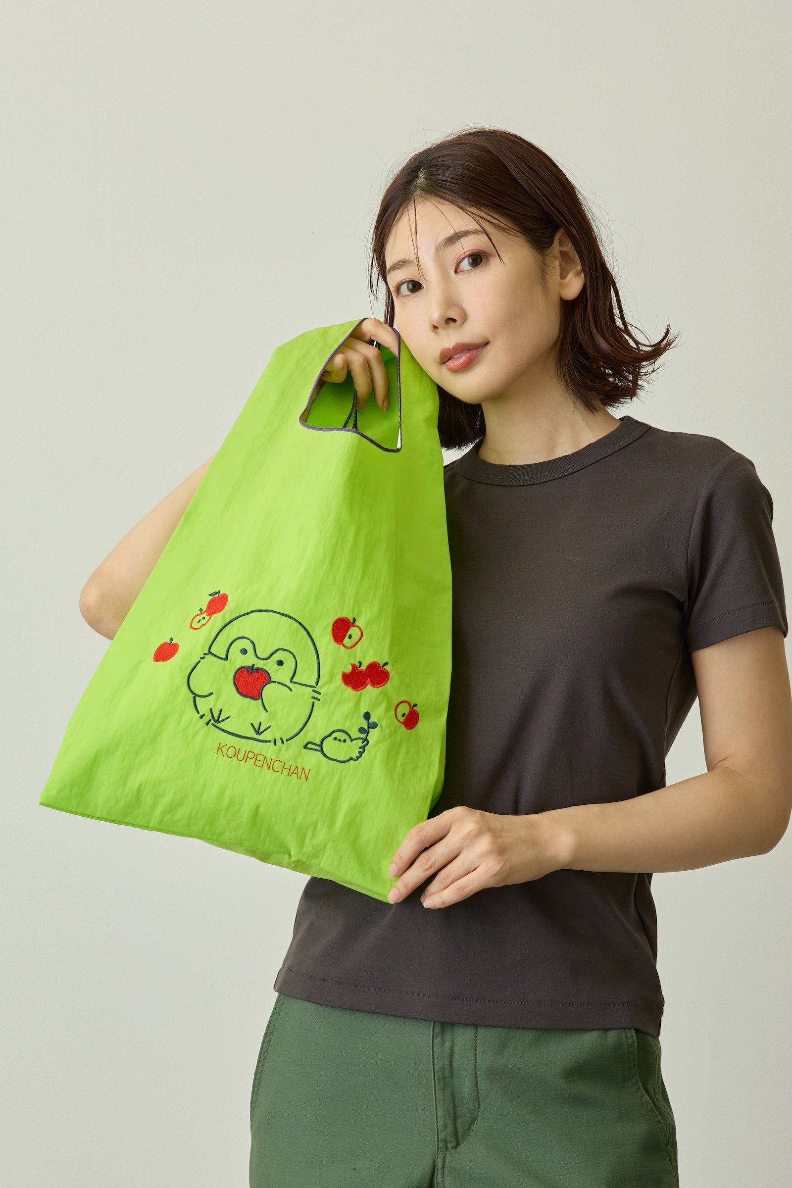 コウペンちゃん 刺繍エコバック りんご ライム