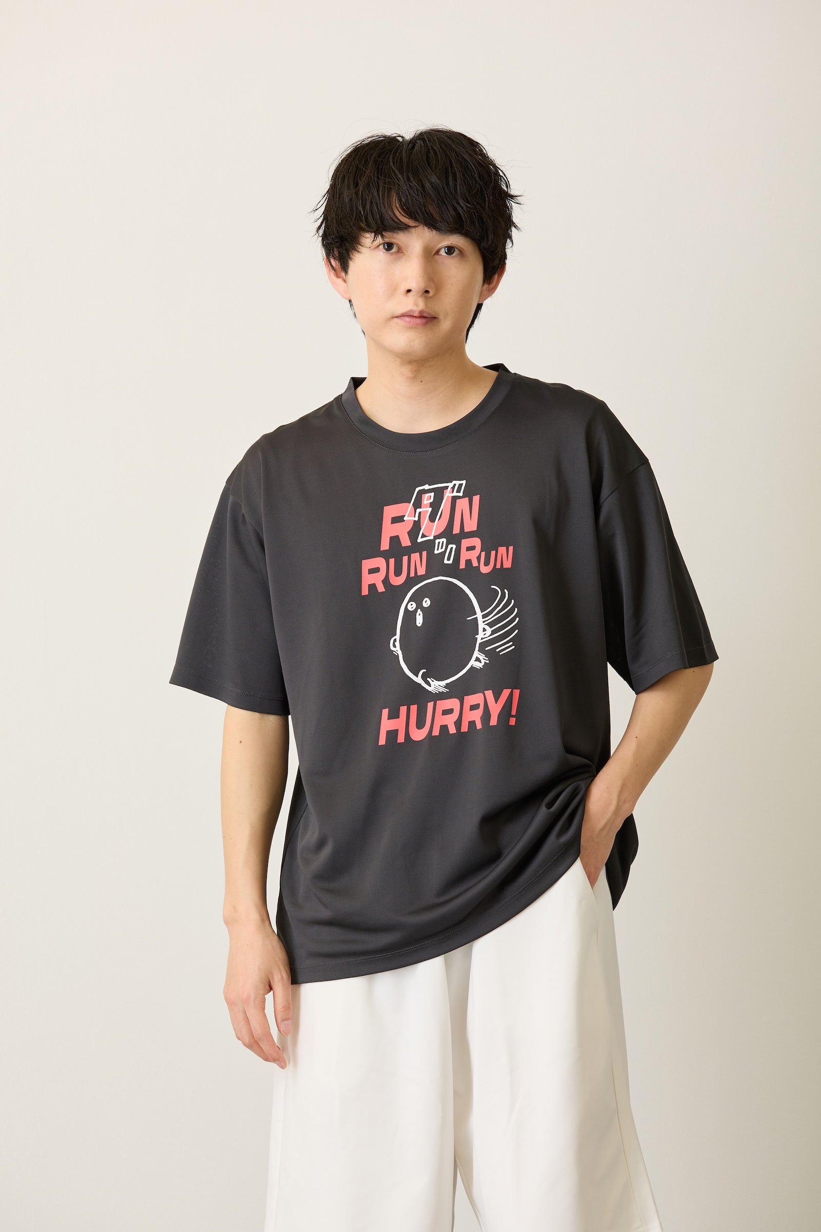ナガノキャラクターズ ドライTシャツ RUN もぐらコロッケ チャコール
