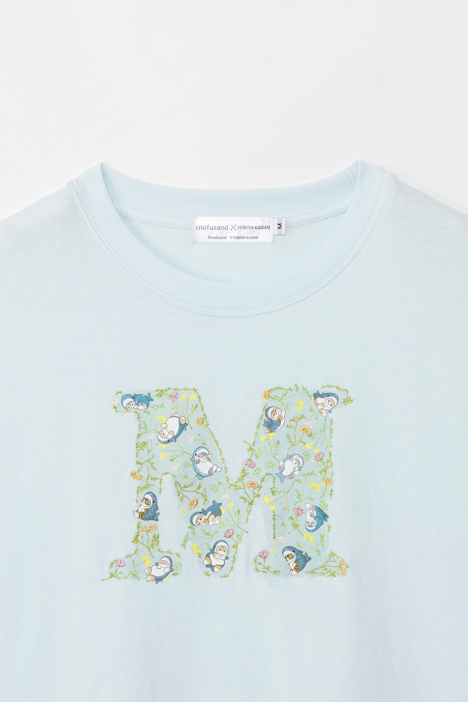 mofusand×日比谷花壇 Tシャツ ボタニカル ペールブルー