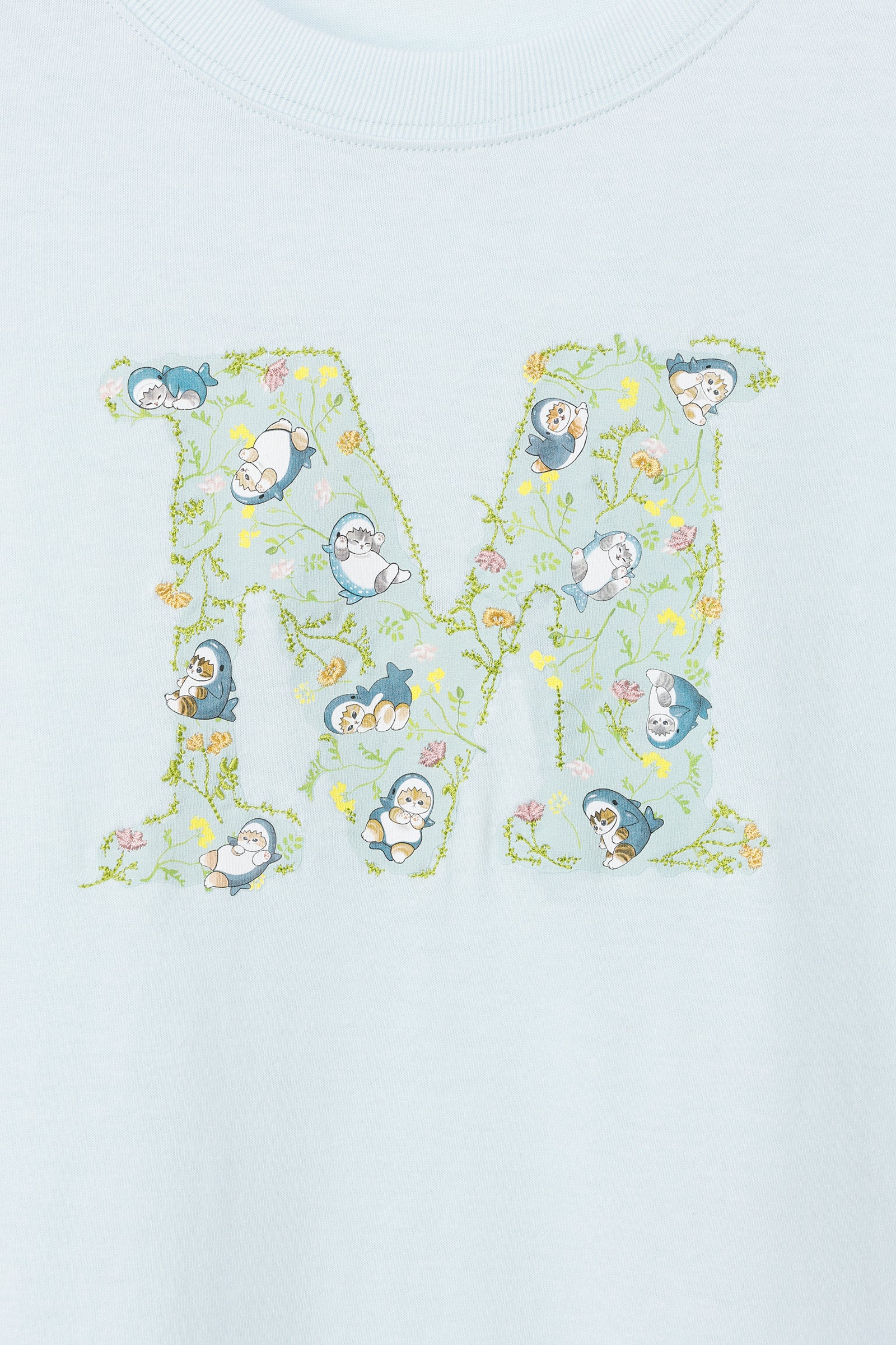 mofusand×日比谷花壇 Tシャツ ボタニカル ペールブルー