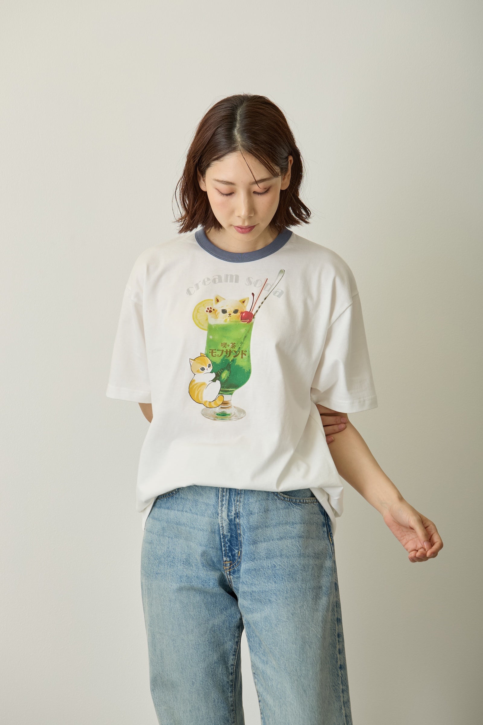 クリームソーダちゃん　クリームソーダミニ　ハンドメイド服 mofusand Tシャツ クリームソーダ ホワイト
