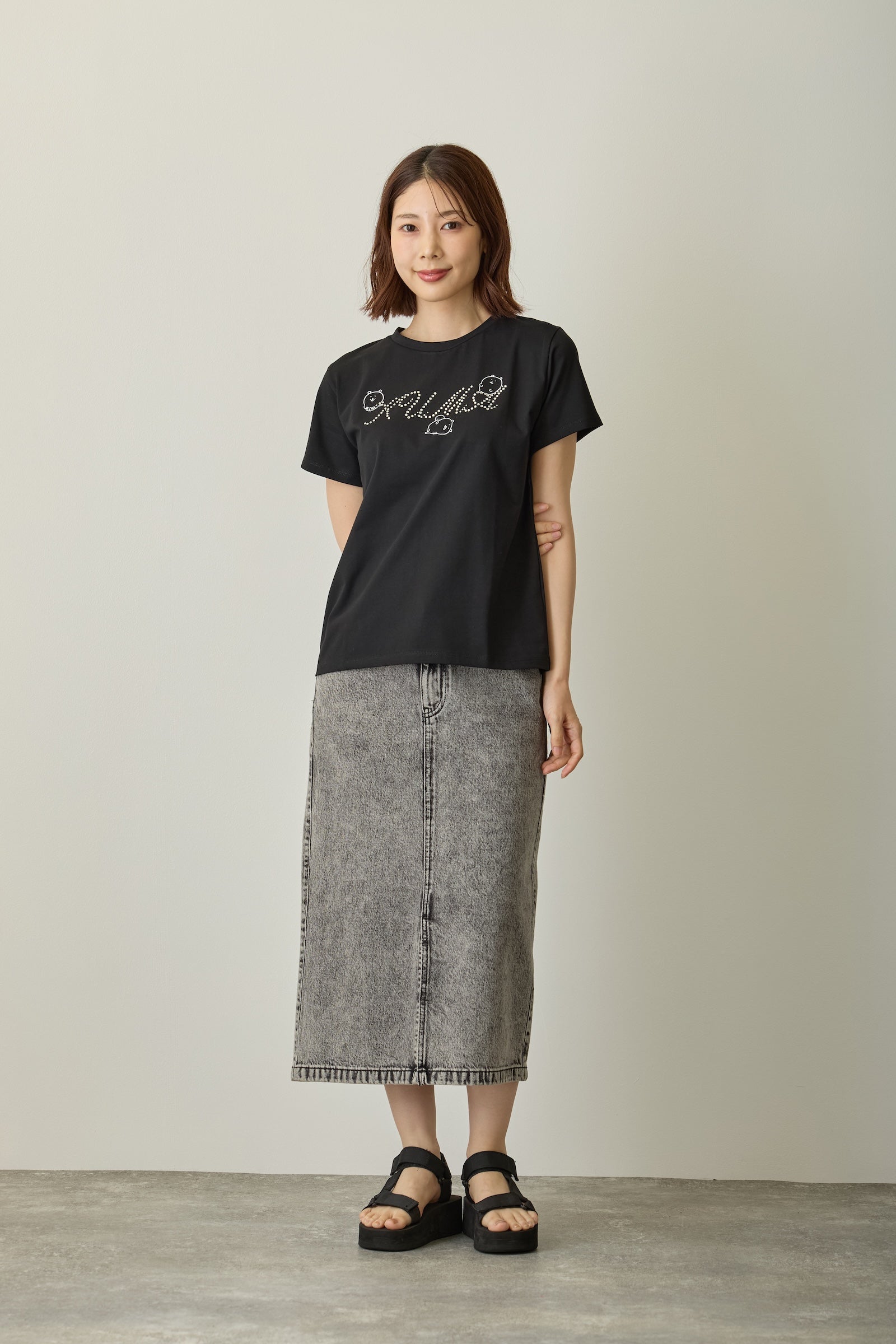 ナガノキャラクターズ ラインストーンTシャツ DECO(くま) ブラック