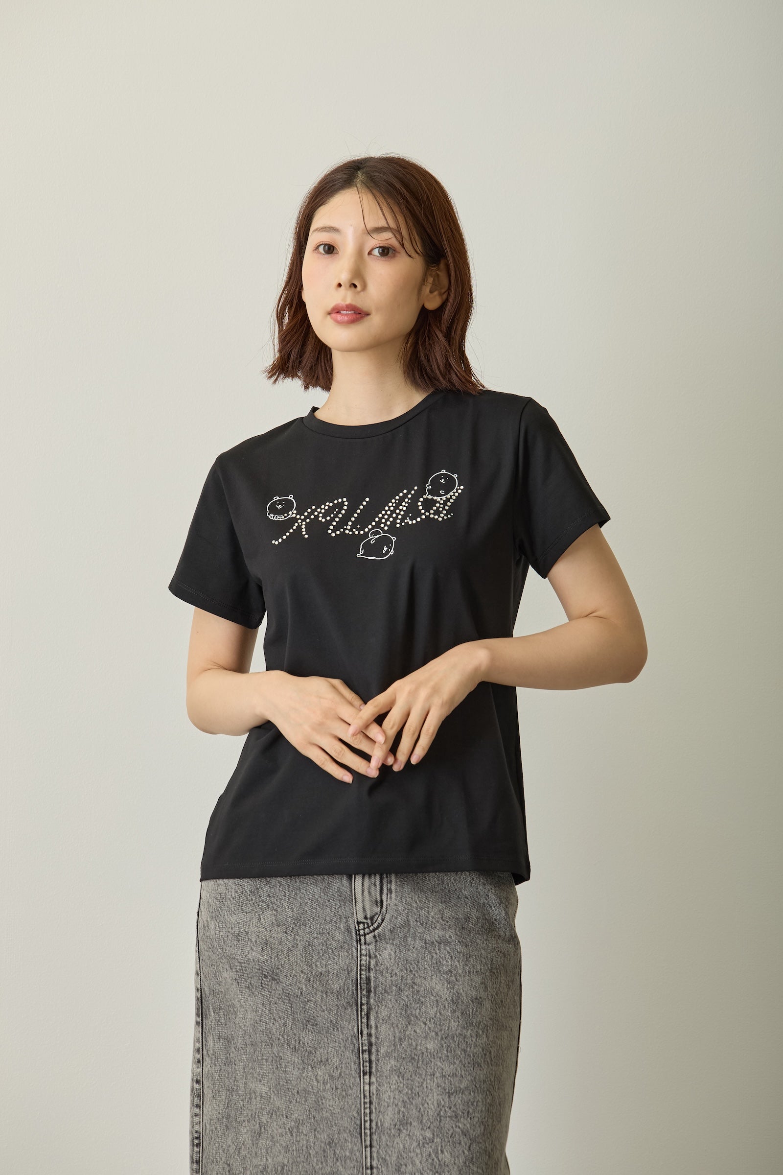 ナガノキャラクターズ ラインストーンTシャツ DECO(くま) ブラック