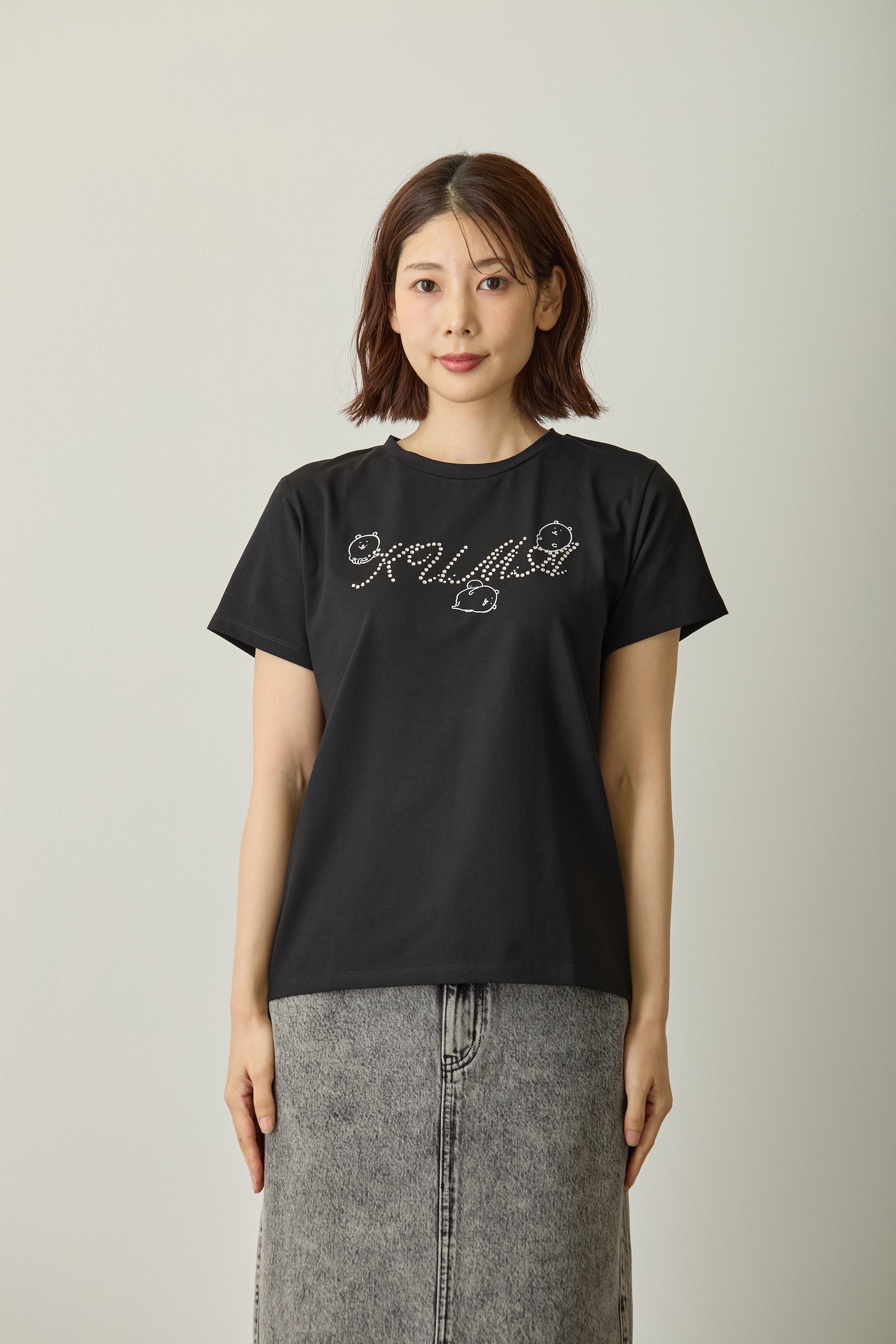 ナガノキャラクターズ ラインストーンTシャツ DECO(くま) ブラック