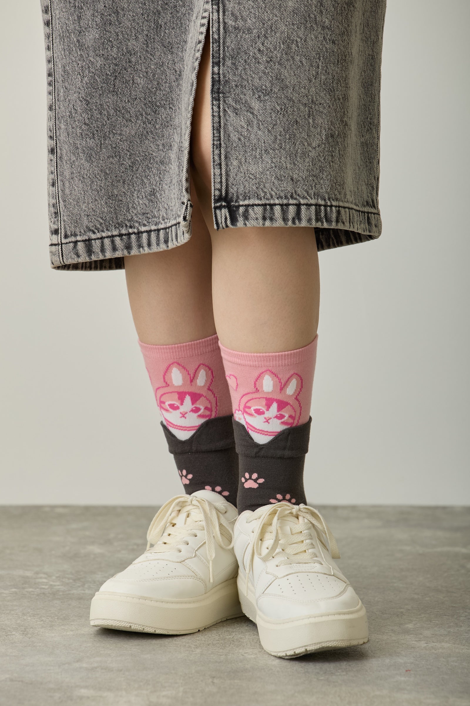 mofusand レイヤード風ソックス うさにゃん ピンク 22-24cm