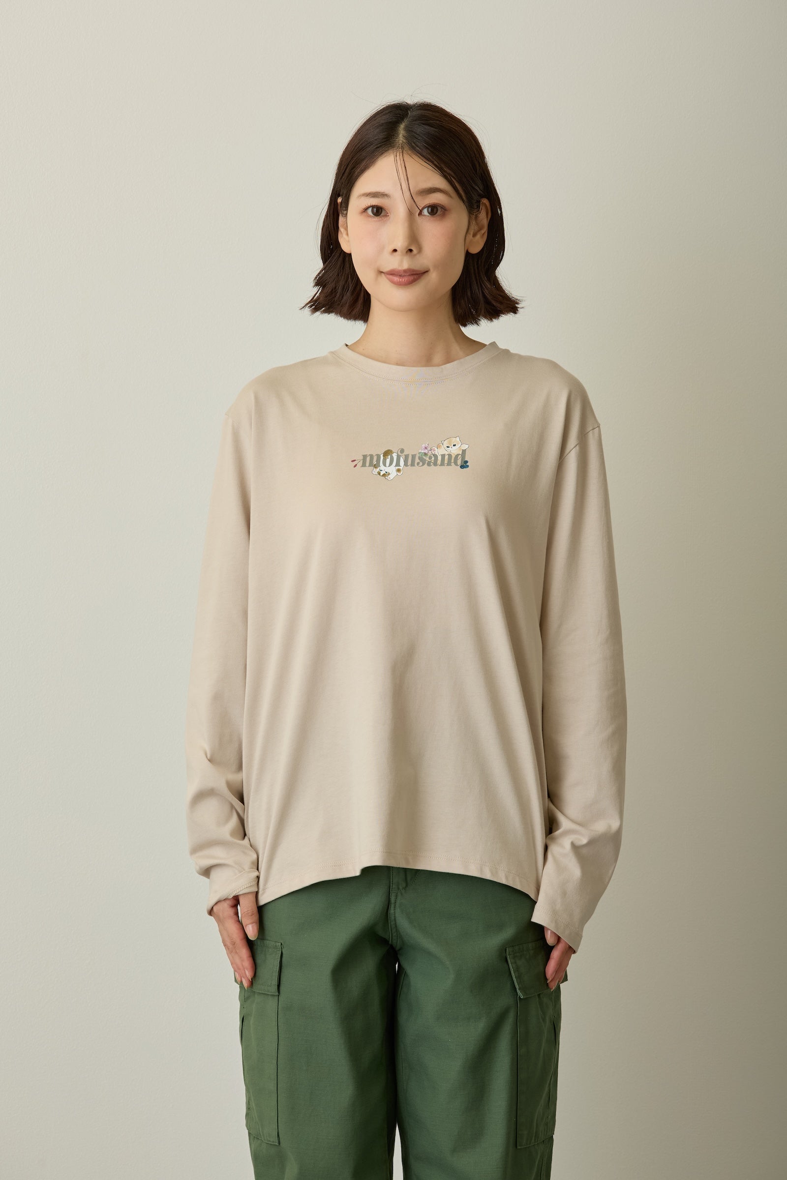 mofusand×日比谷花壇 長袖Tシャツ リーフ柄 ベージュ