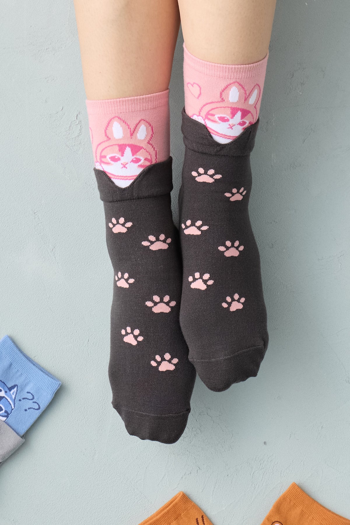 mofusand レイヤード風ソックス うさにゃん ピンク 22-24cm