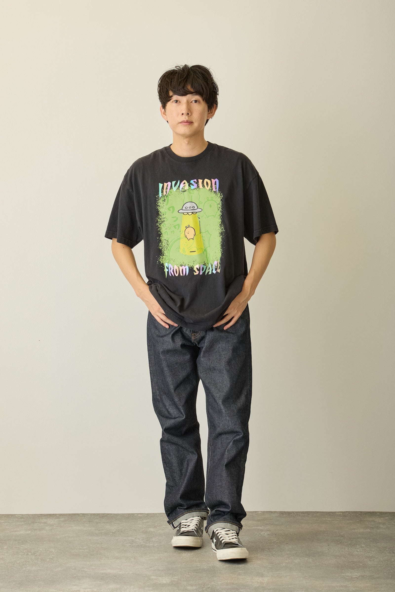 【先行販売】ナガノキャラクターズ 箔プリントTシャツ もぐらコロッケ（宇宙人） ブラック