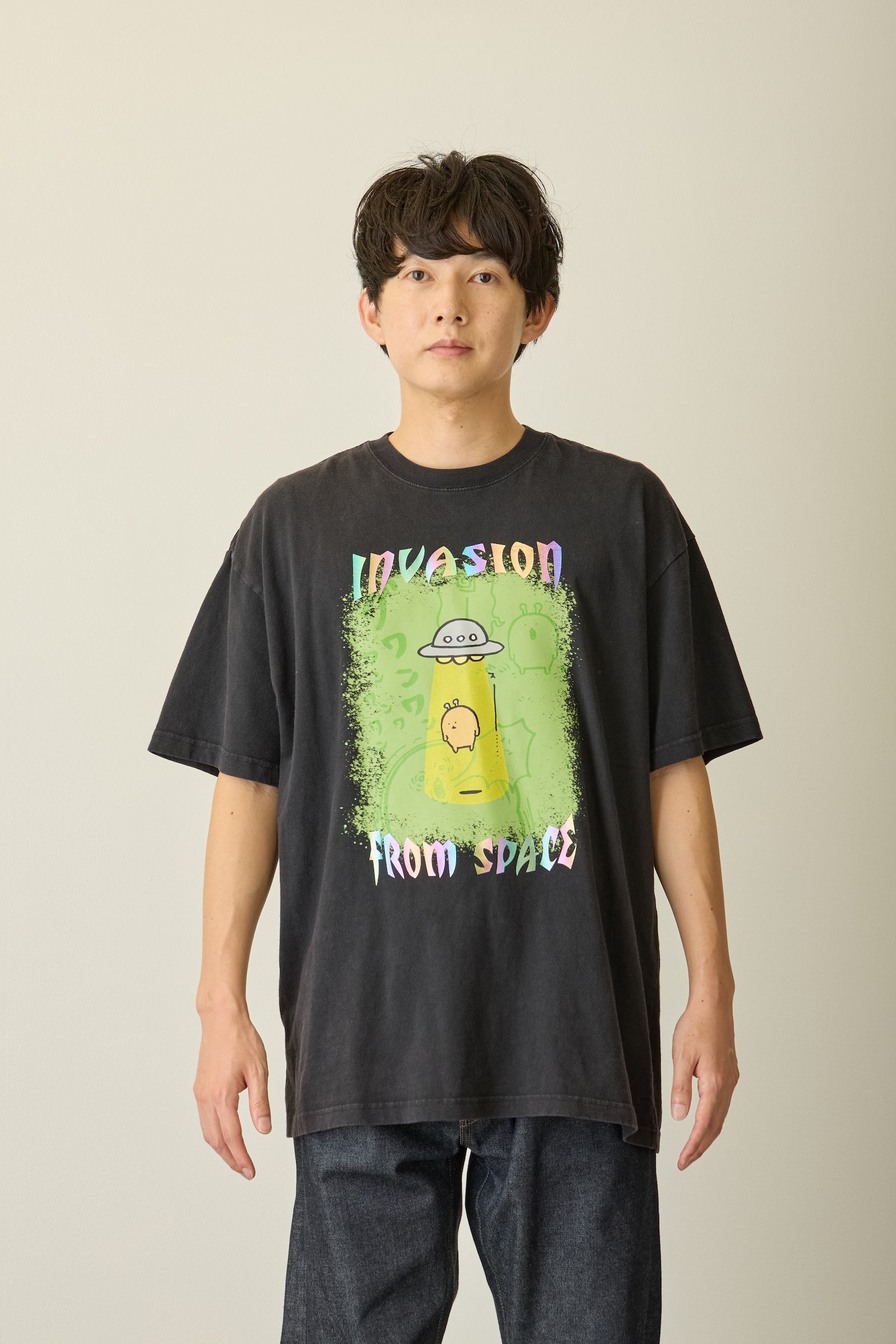 【先行販売】ナガノキャラクターズ 箔プリントTシャツ もぐらコロッケ（宇宙人） ブラック