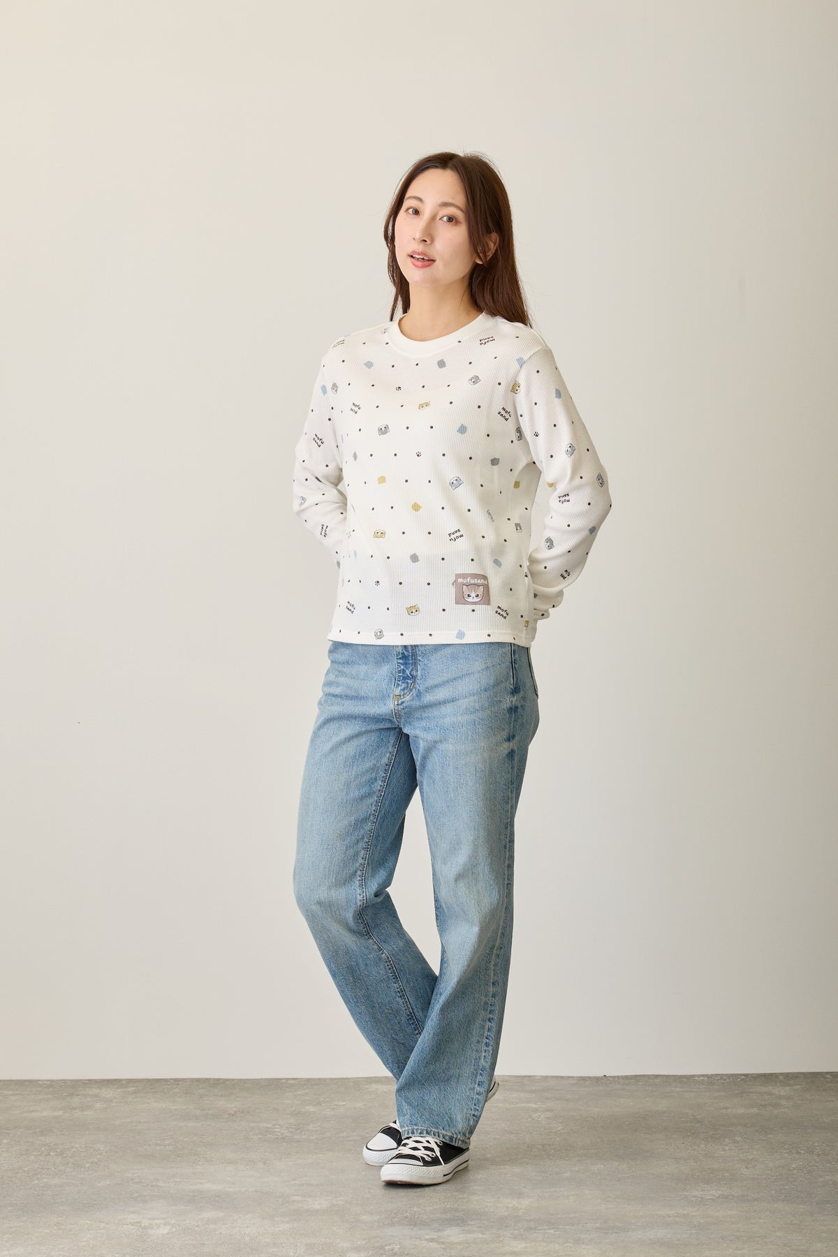 mofusand ワッフル長袖Tシャツ ドット柄 ホワイト