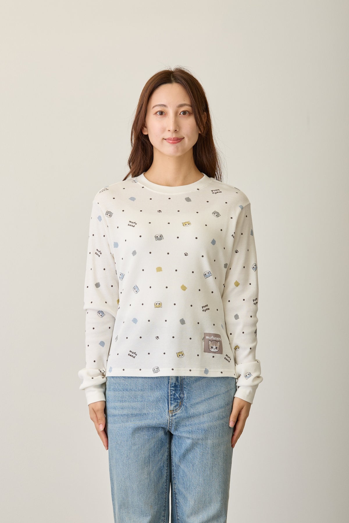 mofusand ワッフル長袖Tシャツ ドット柄 ホワイト
