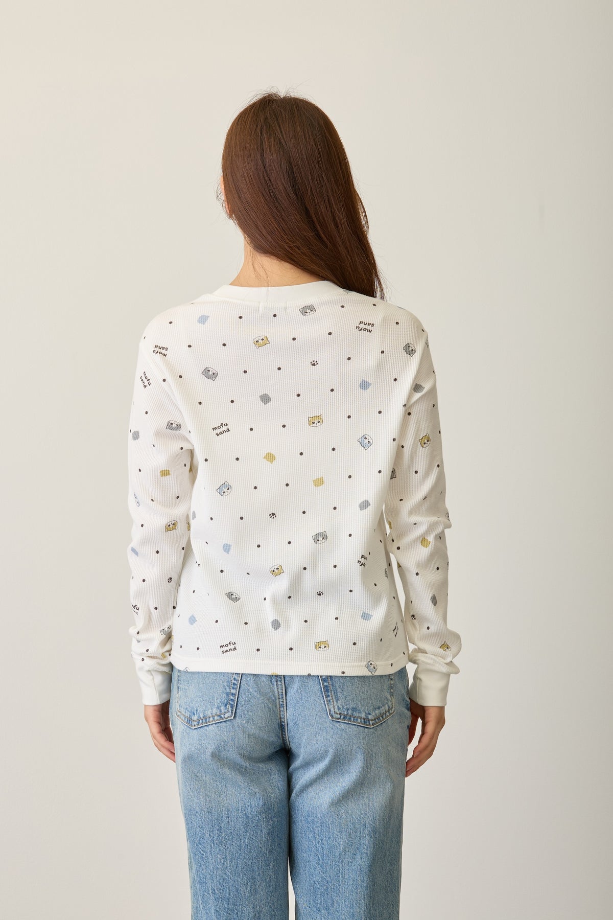 mofusand ワッフル長袖Tシャツ ドット柄 ホワイト
