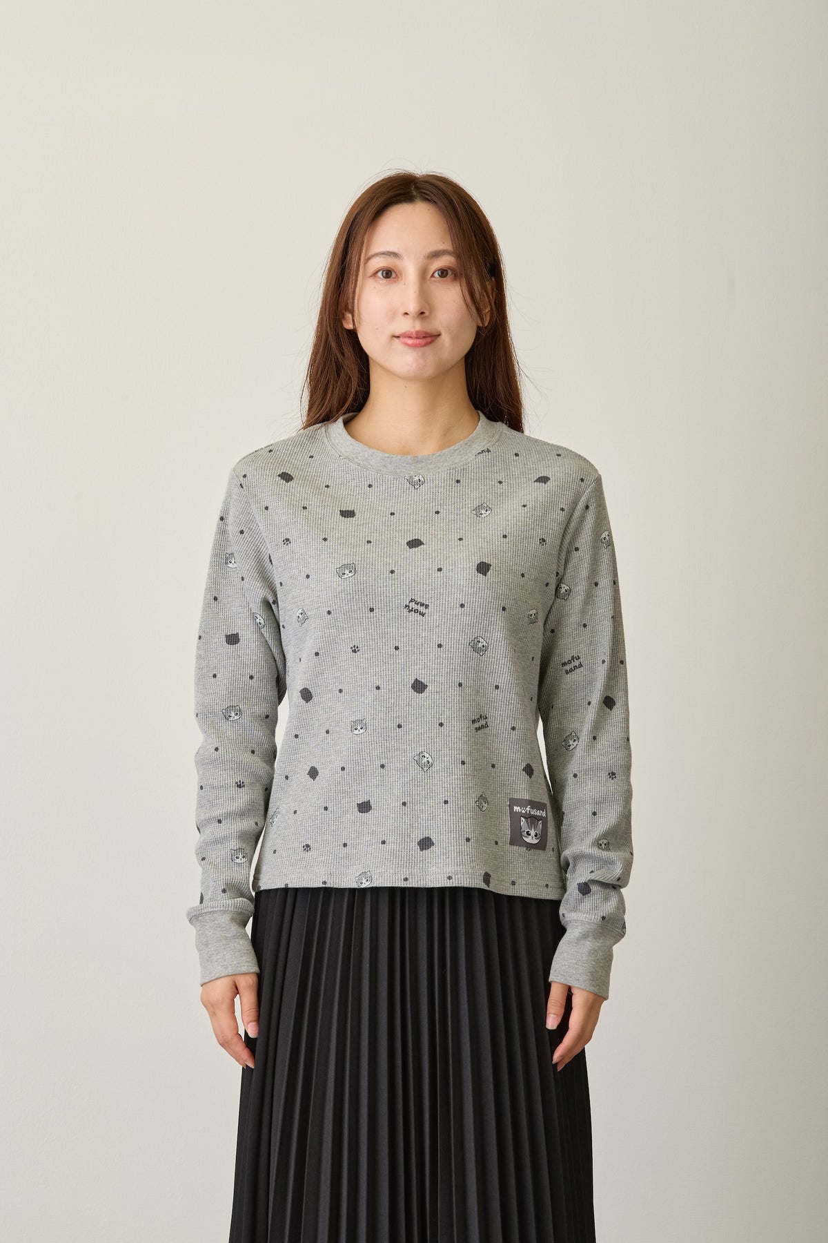 mofusand ワッフル長袖Tシャツ ドット柄 グレー