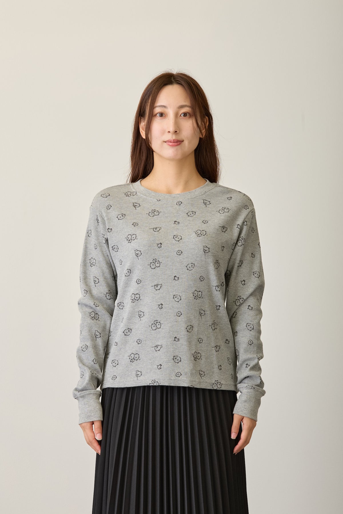ナガノキャラクターズ ワッフル長袖Tシャツ 思いを馳せる グレー
