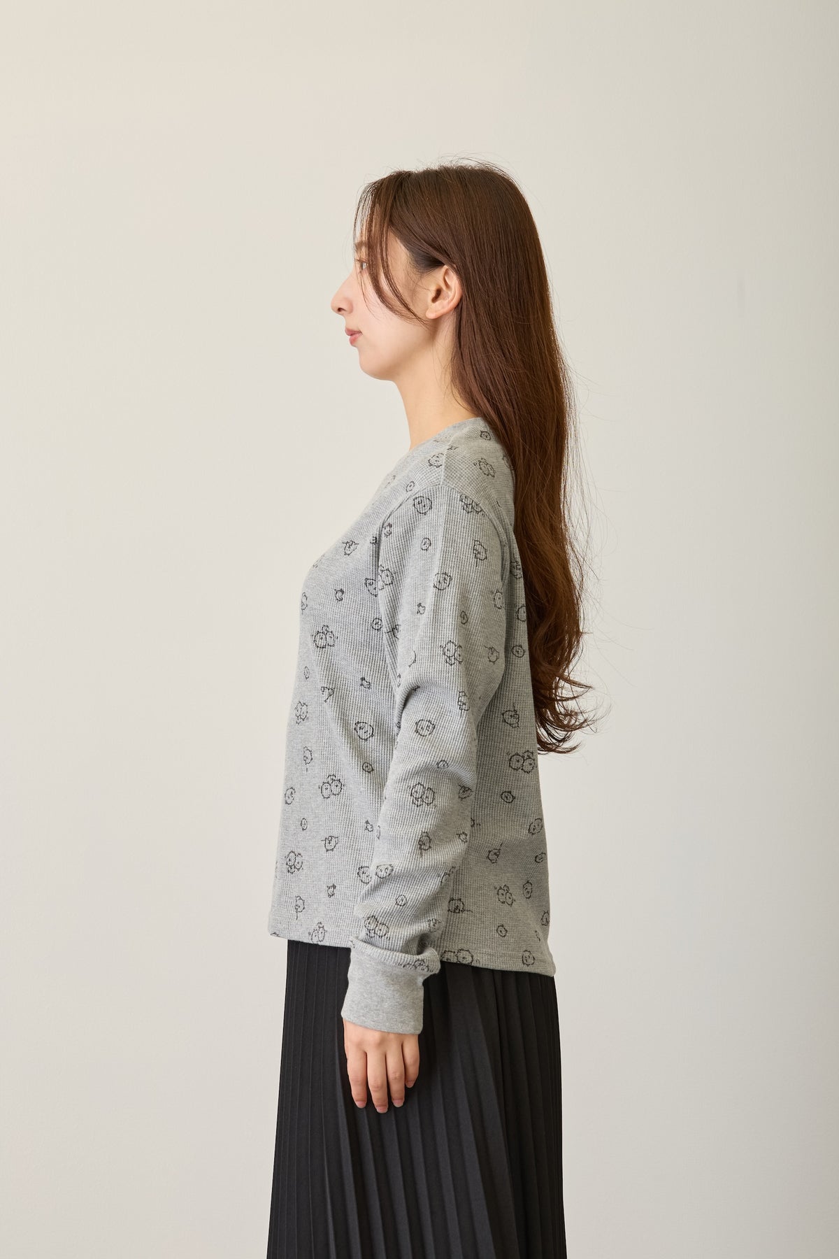 ナガノキャラクターズ ワッフル長袖Tシャツ 思いを馳せる グレー