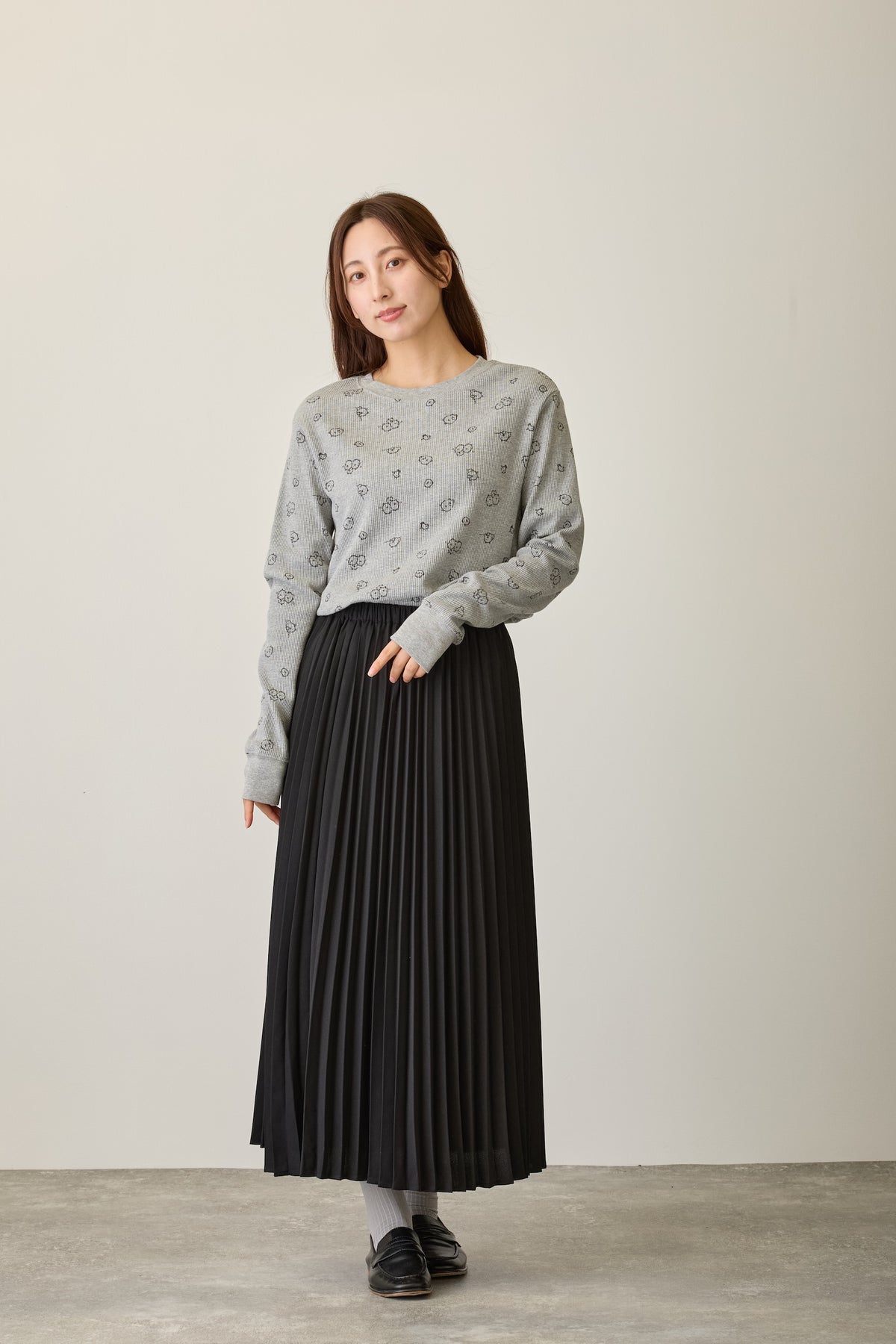 ナガノキャラクターズ ワッフル長袖Tシャツ 思いを馳せる グレー