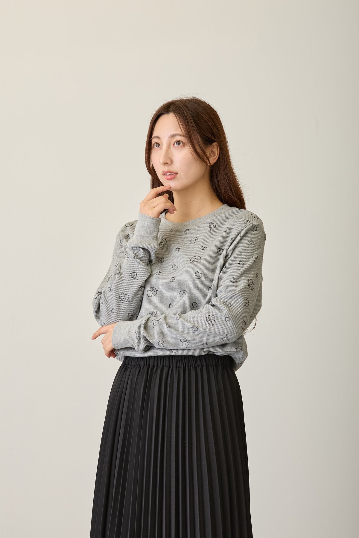 ナガノキャラクターズ ワッフル長袖Tシャツ 思いを馳せる グレー