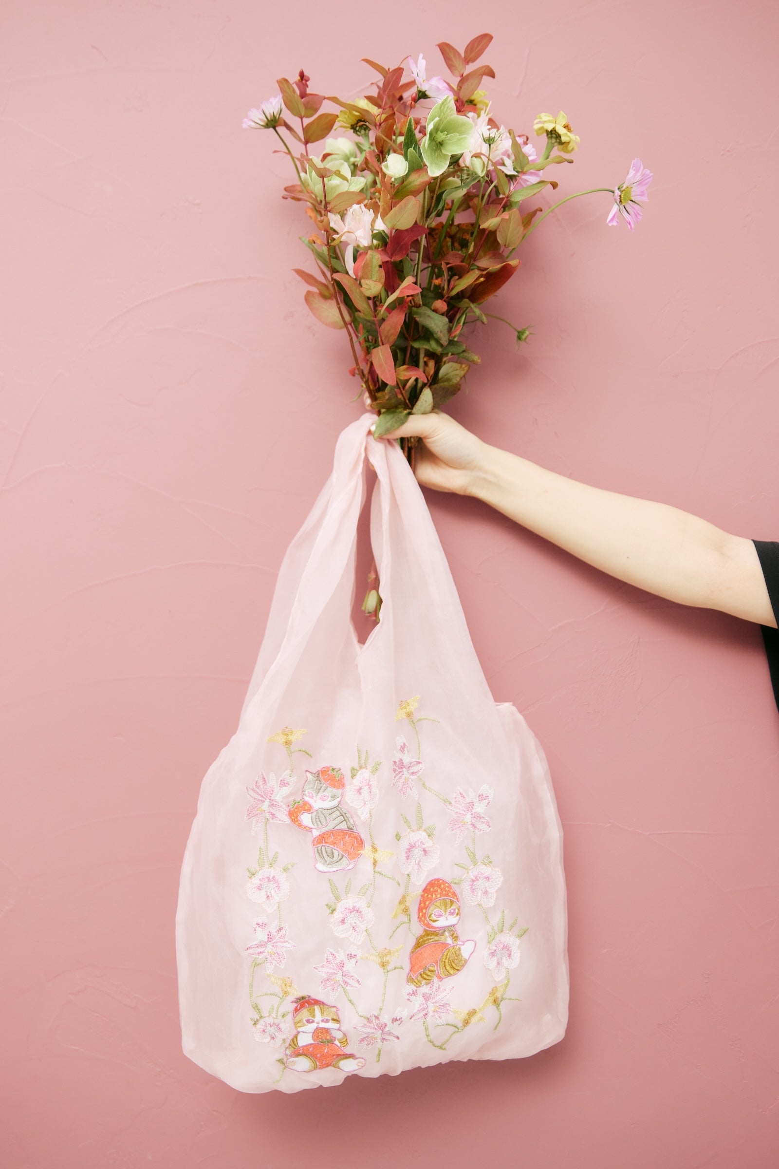 【2BUY10%OFF対象商品】mofusand×日比谷花壇 チュールバッグ コイブルーム ピンク