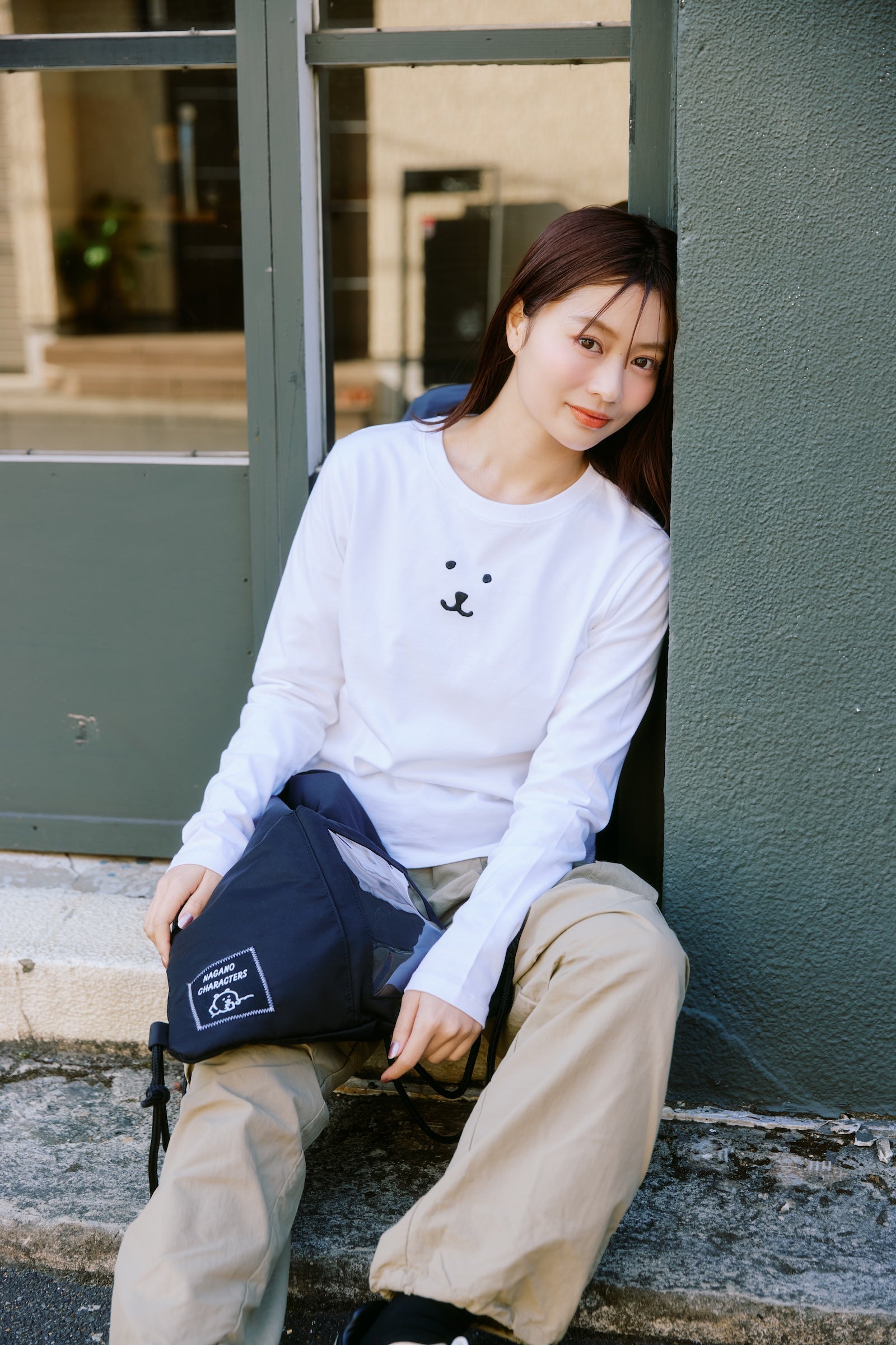 ナガノキャラクターズ 長袖Tシャツ モノクロなくま ホワイト