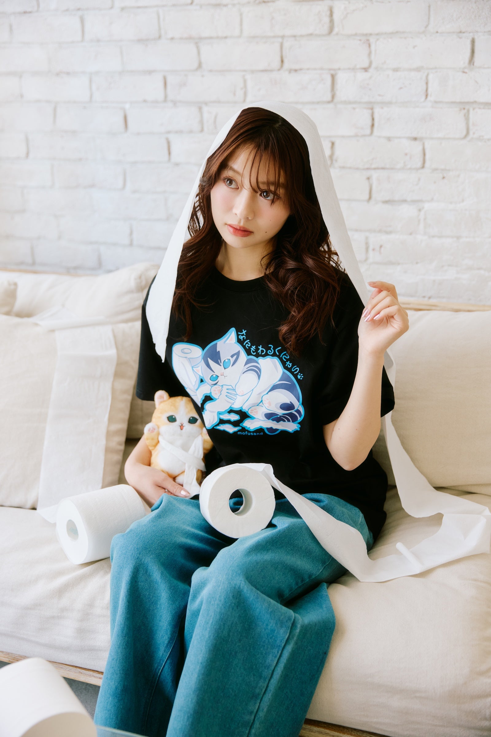mofusand Tシャツ なにもわるくにゃい トイレットペーパーだいすきにゃん ブラック