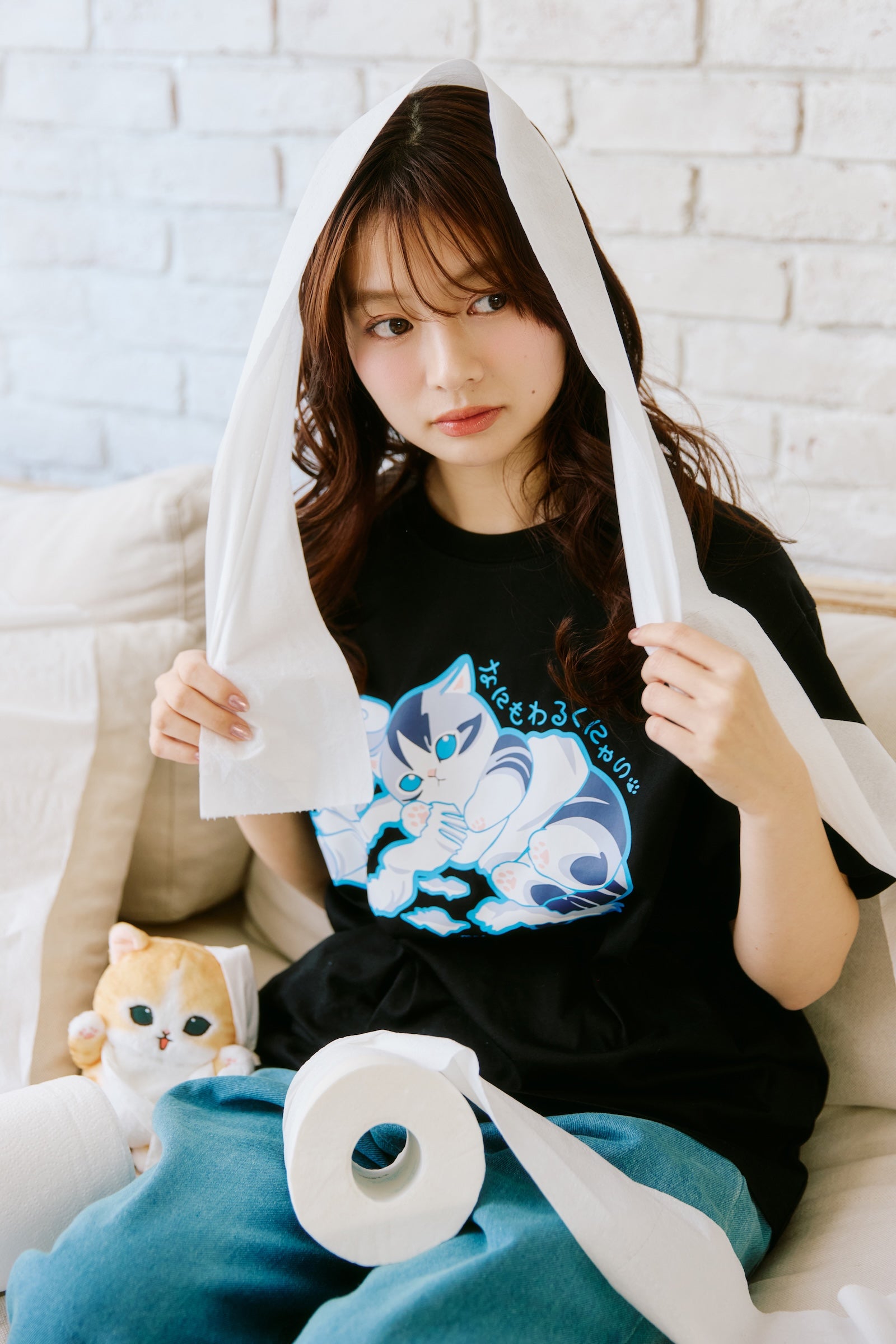 【2BUY10%OFF対象商品】mofusand Tシャツ なにもわるくにゃい トイレットペーパーだいすきにゃん ブラック