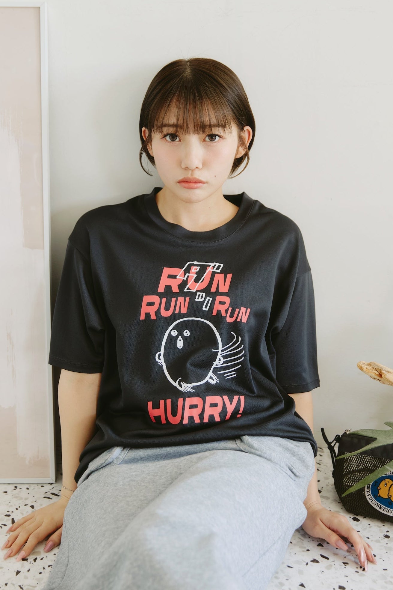 ナガノキャラクターズ ドライTシャツ RUN もぐらコロッケ チャコール