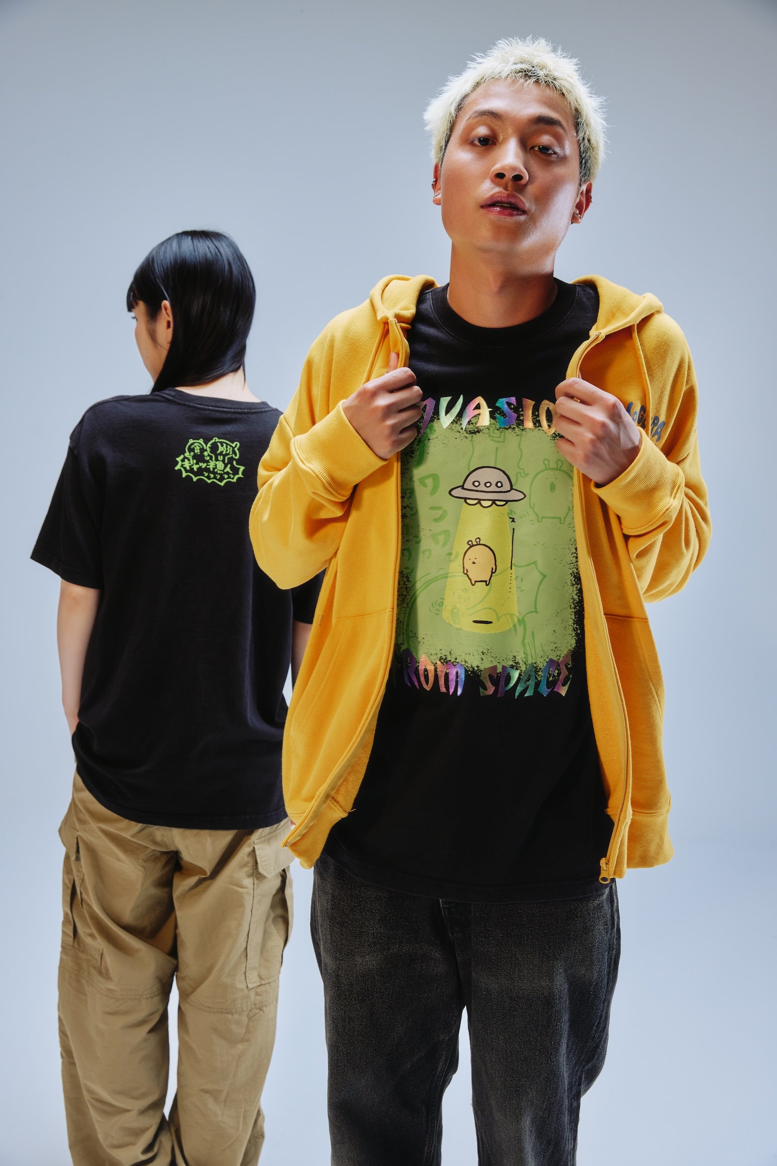 【先行販売】ナガノキャラクターズ 箔プリントTシャツ もぐらコロッケ（宇宙人） ブラック